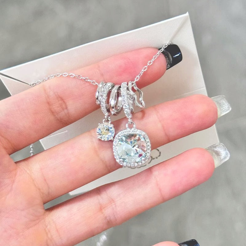 S925 Pure Silver Ice-clear Sea Blue Square Zircon Necklace