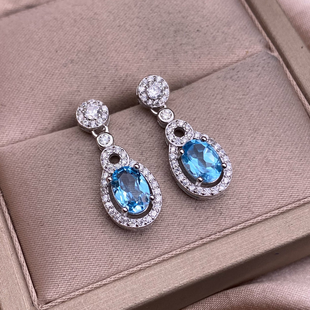 Blue Topaz Earrings S925 Silver Set With Full Diamonds