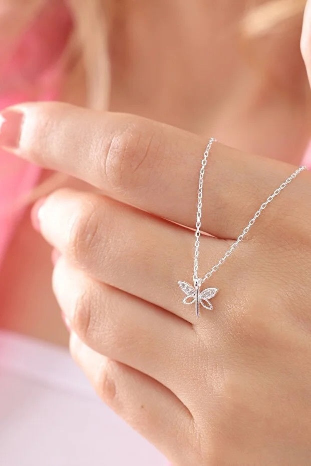 925 Sterling Silver Minimal Dragonfly Necklace With White Zircon Stone