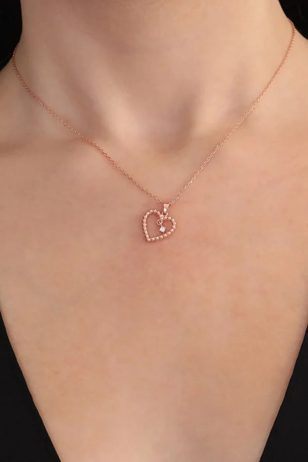 925 Sterling Silver Rose Gold Plated Heart Solitaire Necklace With White Zircon Stone