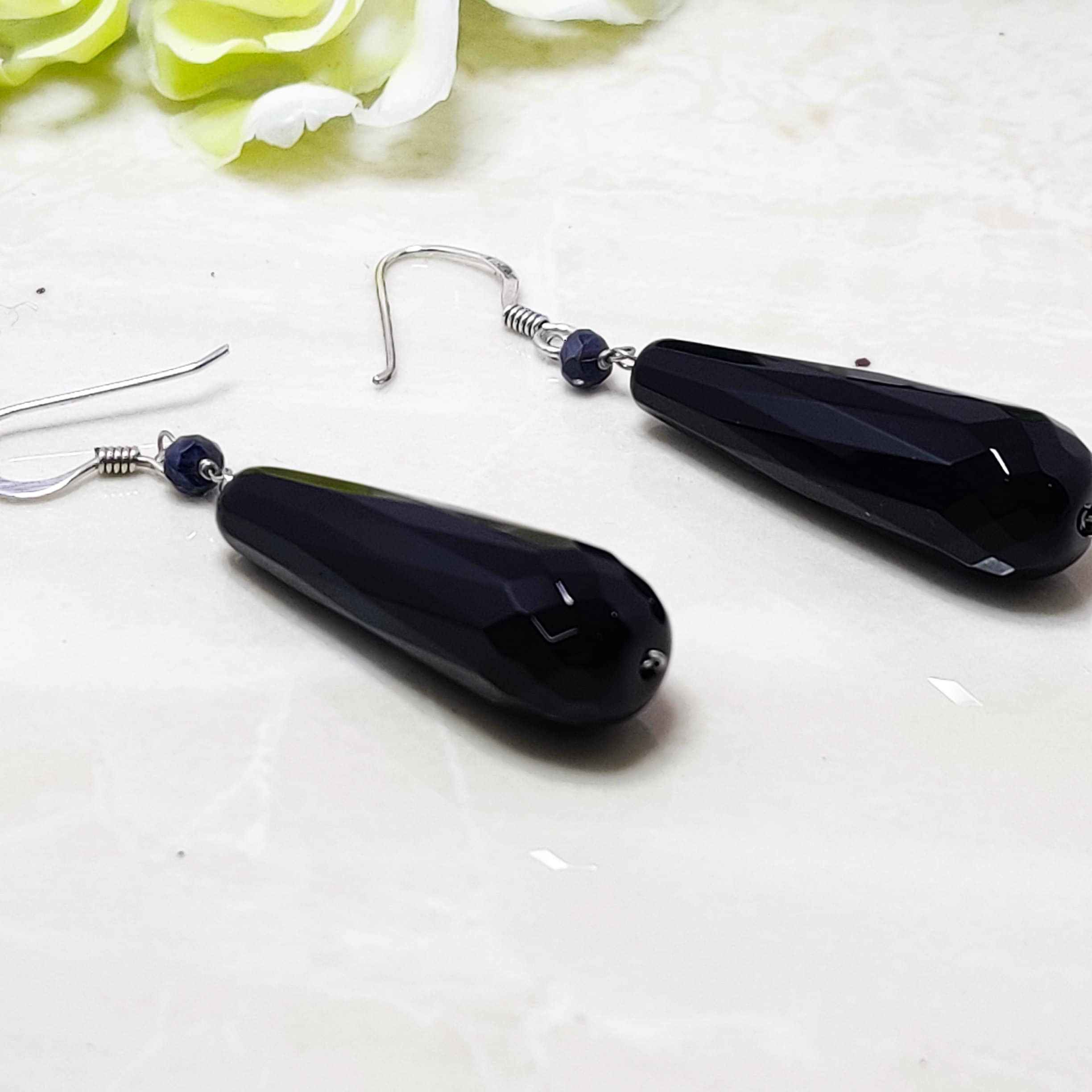 Sterling Silver Natural Black Onyx Tear Drop July BirthStone Earrings