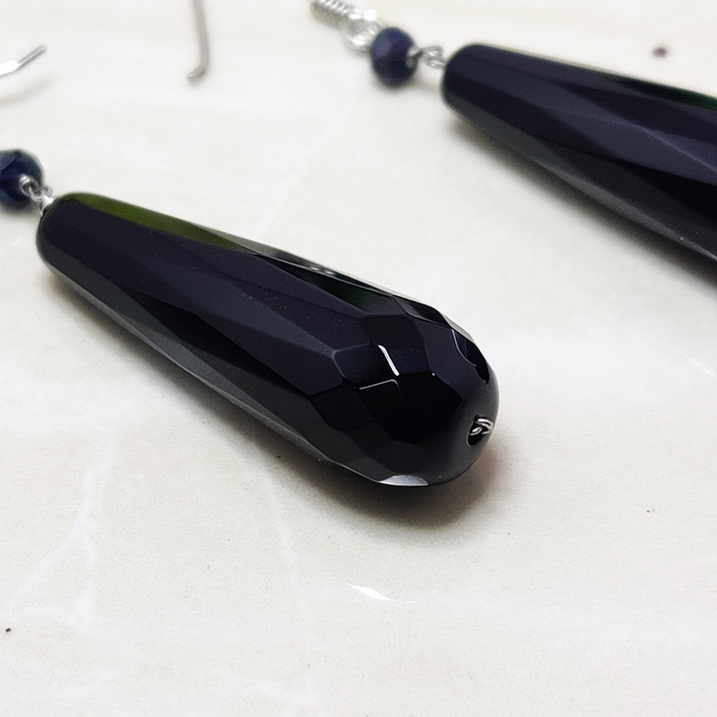 Sterling Silver Natural Black Onyx Tear Drop July BirthStone Earrings