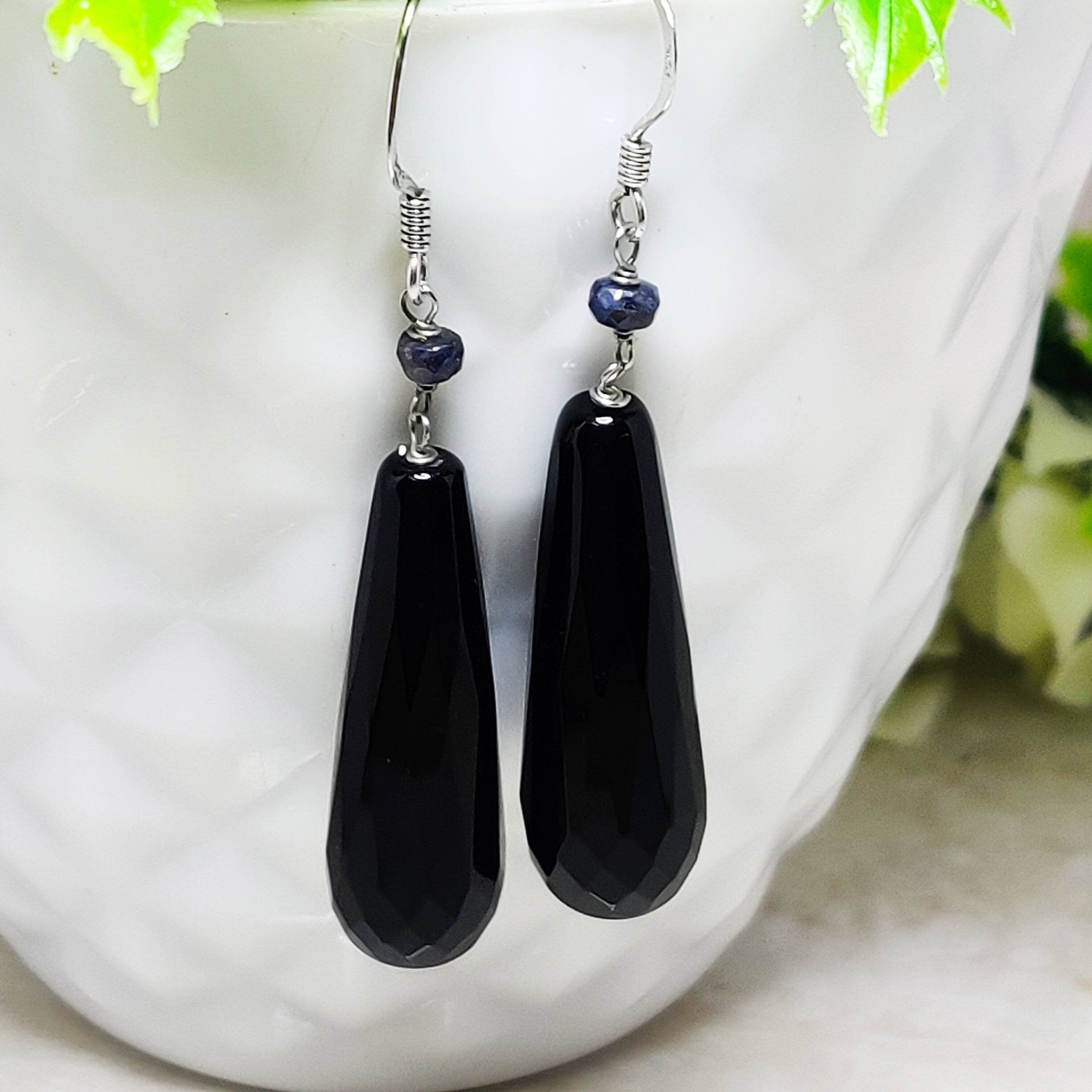 Sterling Silver Natural Black Onyx Tear Drop July BirthStone Earrings