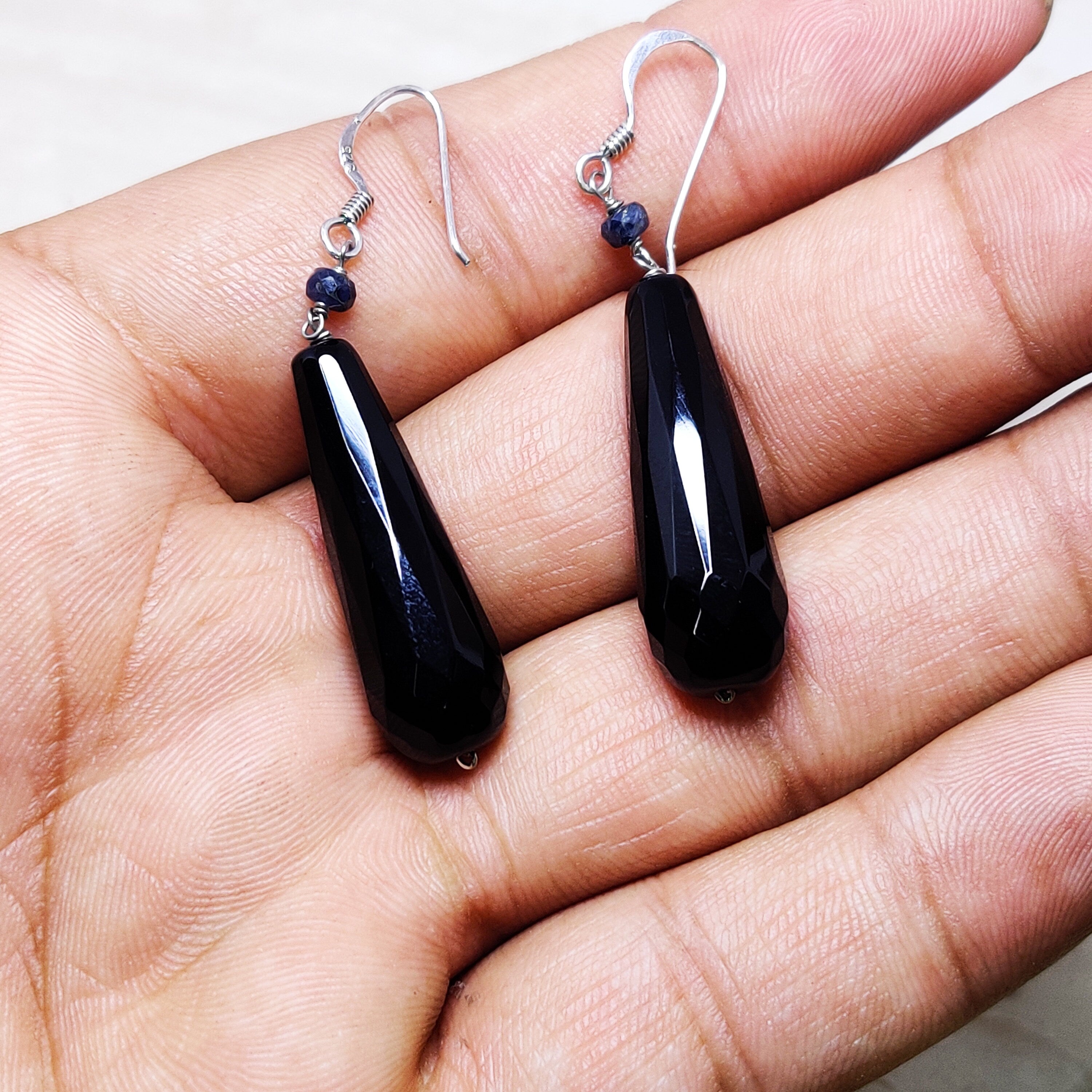 Sterling Silver Natural Black Onyx Tear Drop July BirthStone Earrings