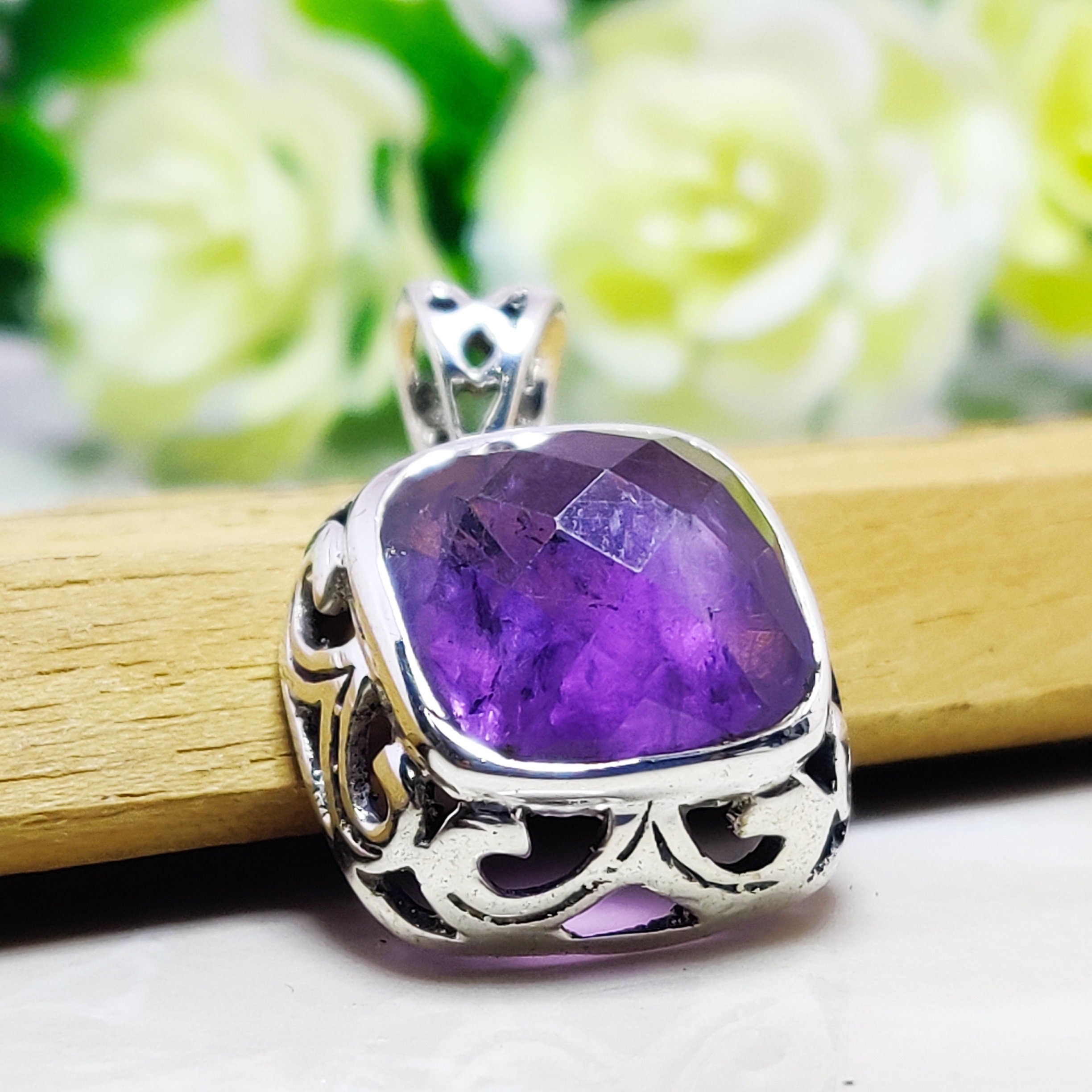 Natural Amethyst February BirthStone Boho Pendant, 925 Sterling Solid Silver Pendant-Amethyst Semi Precious Stone Pendant-Wedding Gift