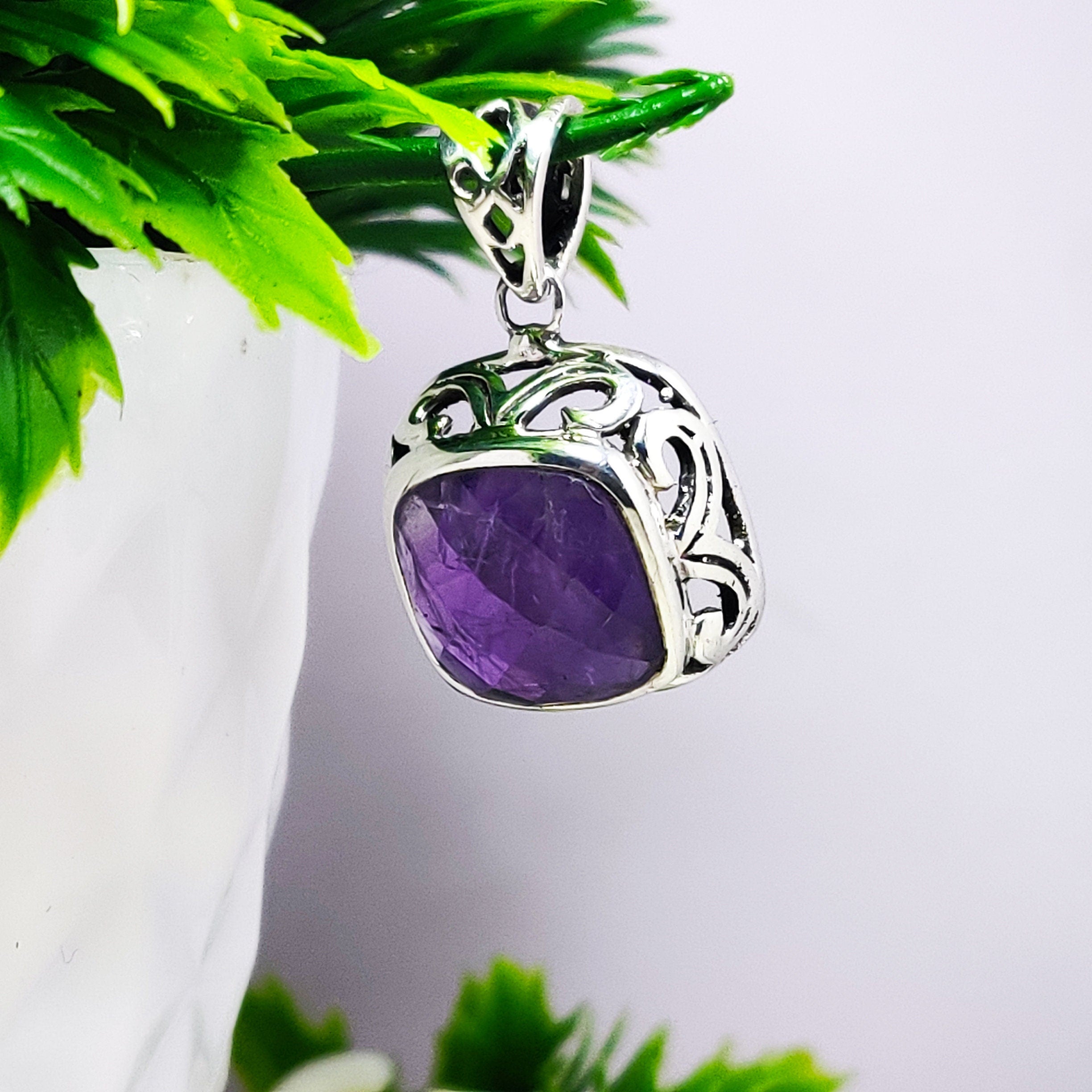 Natural Amethyst February BirthStone Boho Pendant, 925 Sterling Solid Silver Pendant-Amethyst Semi Precious Stone Pendant-Wedding Gift