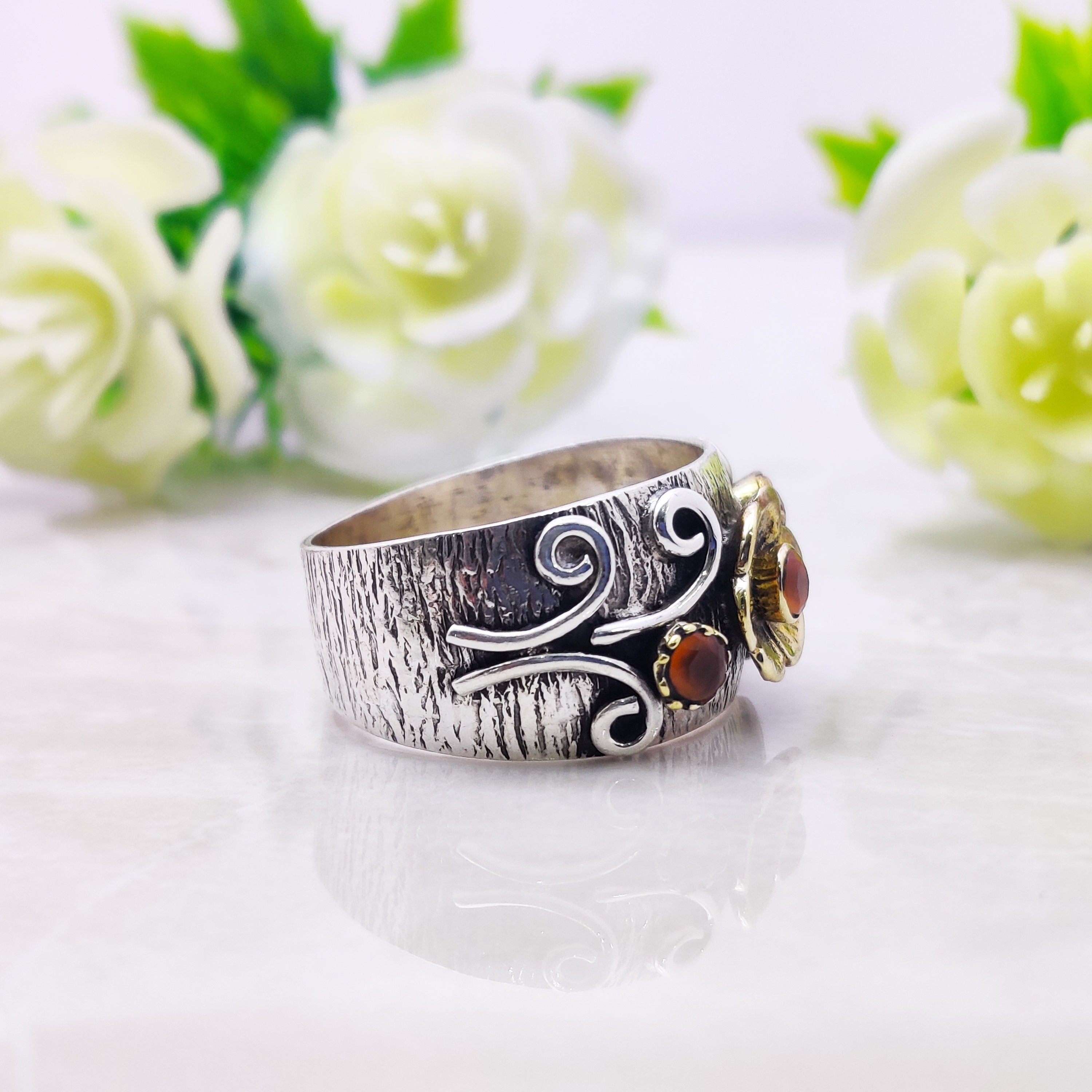 Sterling Silver Natural Carnelian August  BirthStone Boho Ring