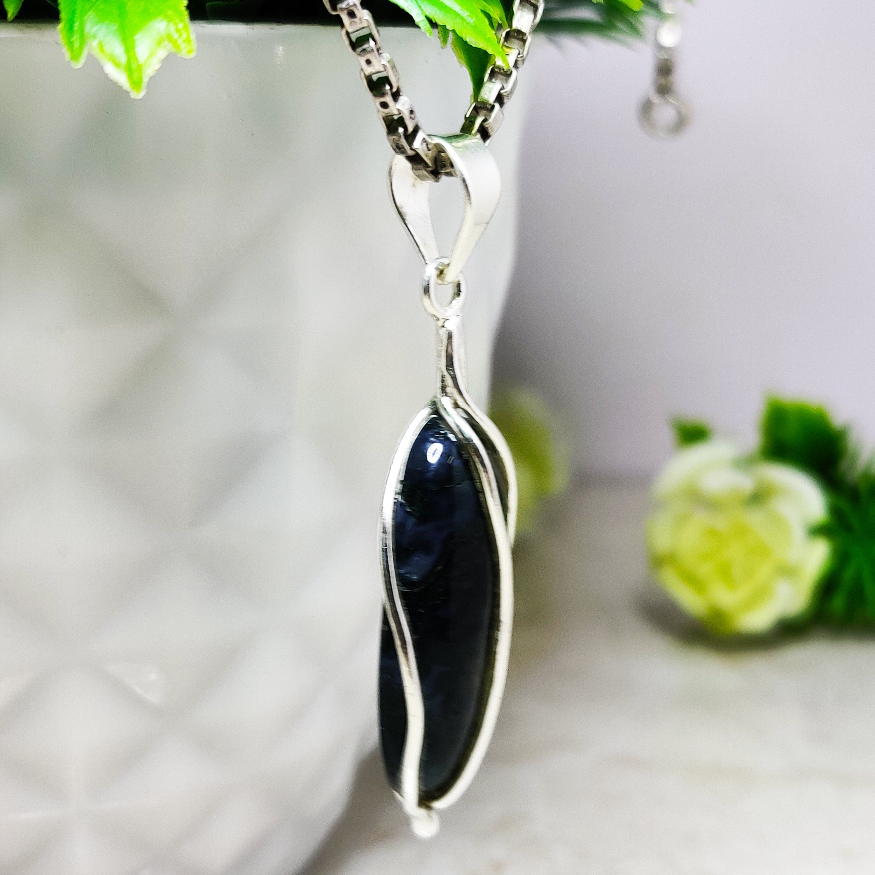 Sterling Silver Natural Black Rutile Boho Large Pendant