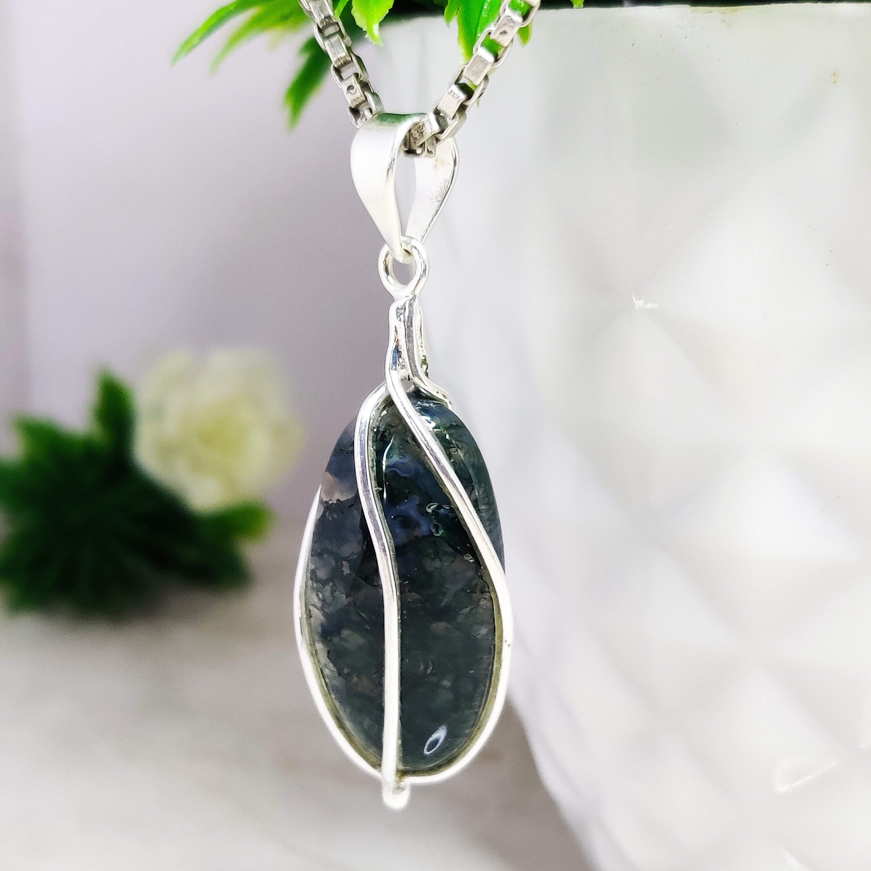 Sterling Silver Natural Black Rutile Boho Large Pendant