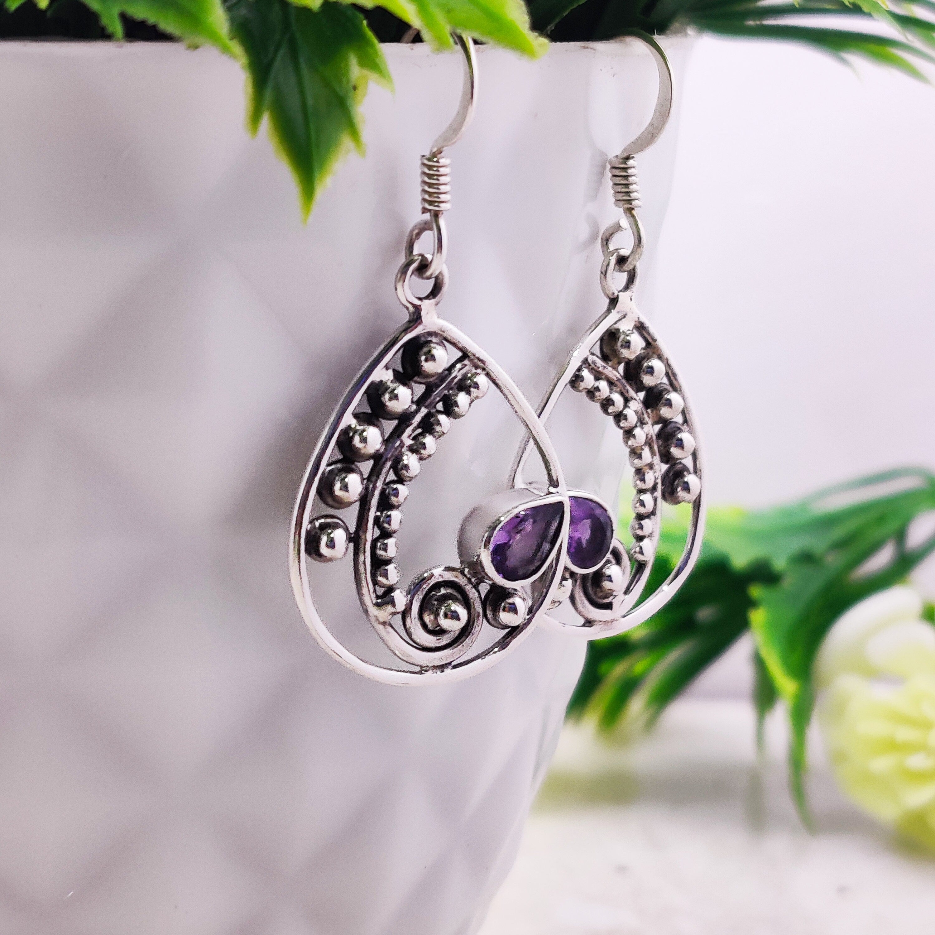 Sterling Silver Natural Amethyst Boho Oxidised Earrings