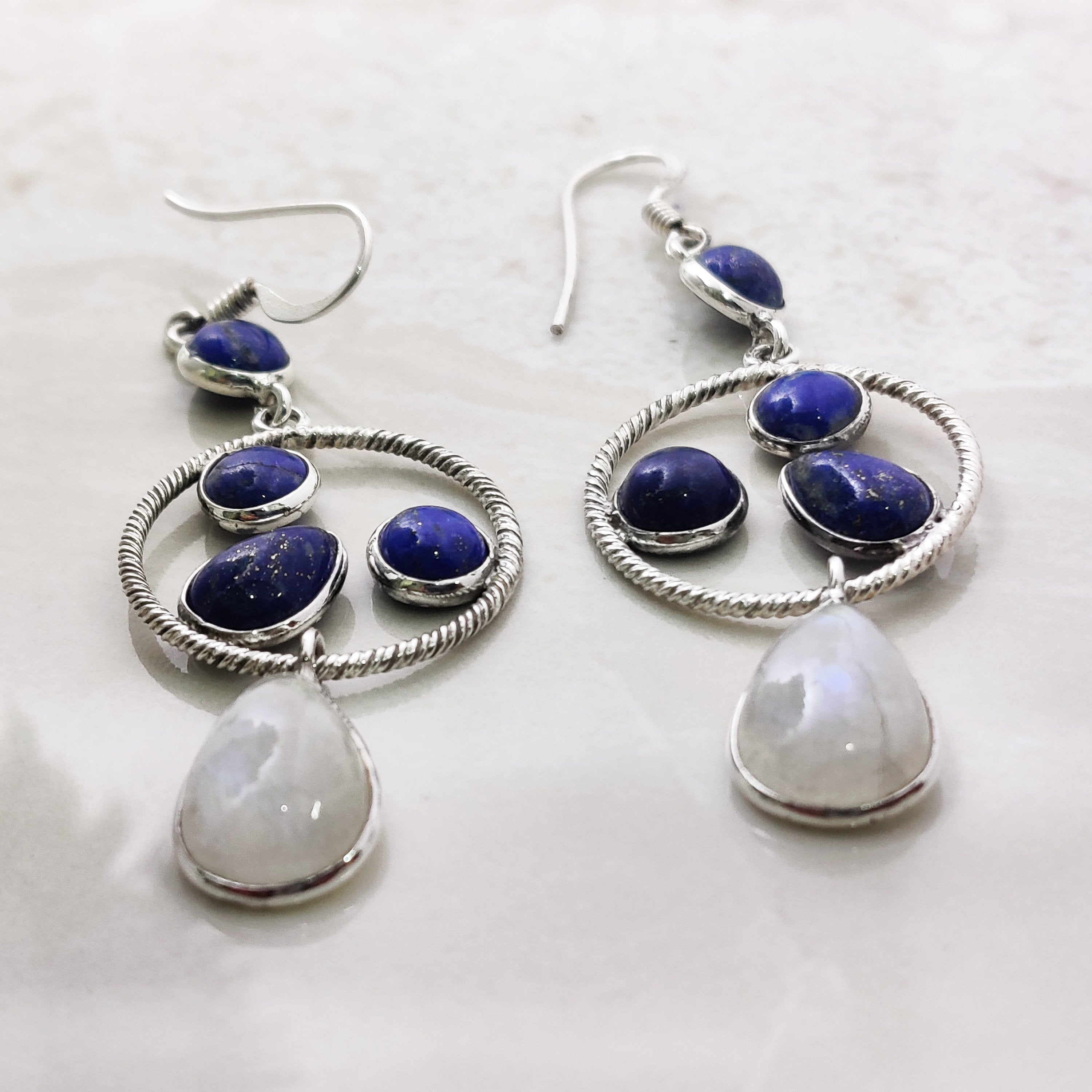 Natural Lapis Lazuli Moonstone  Sterling Silver Boho Oxidised Earrings, Moonstone Earrings, Lapis Lazuli Earrings, Healing Gemstones