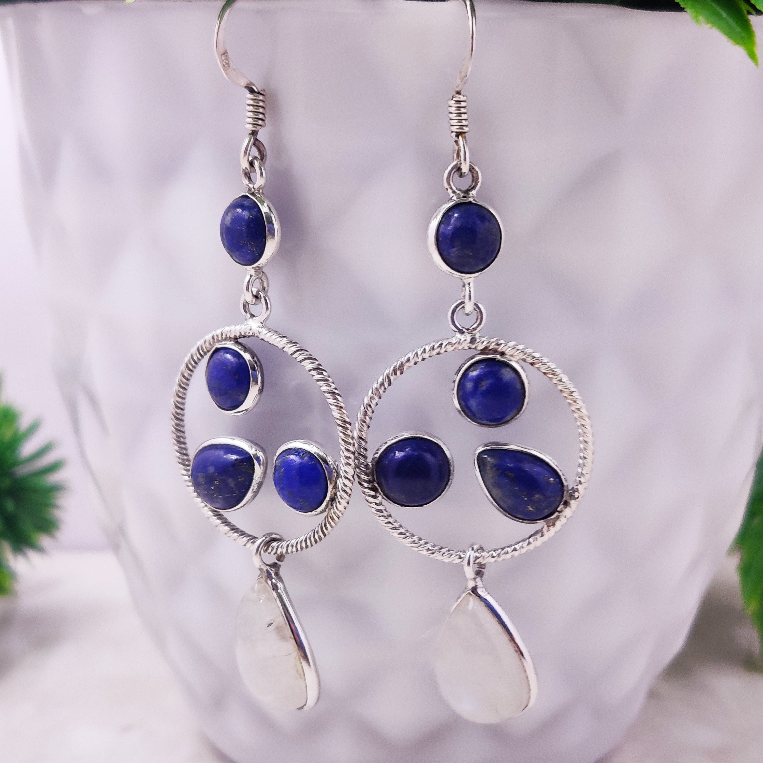 Natural Lapis Lazuli Moonstone  Sterling Silver Boho Oxidised Earrings, Moonstone Earrings, Lapis Lazuli Earrings, Healing Gemstones