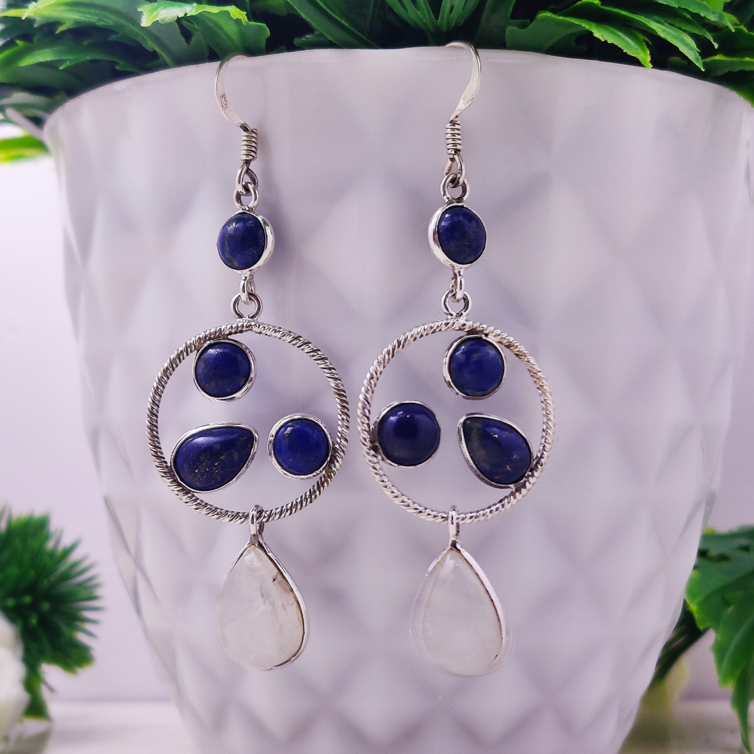 Natural Lapis Lazuli Moonstone  Sterling Silver Boho Oxidised Earrings, Moonstone Earrings, Lapis Lazuli Earrings, Healing Gemstones