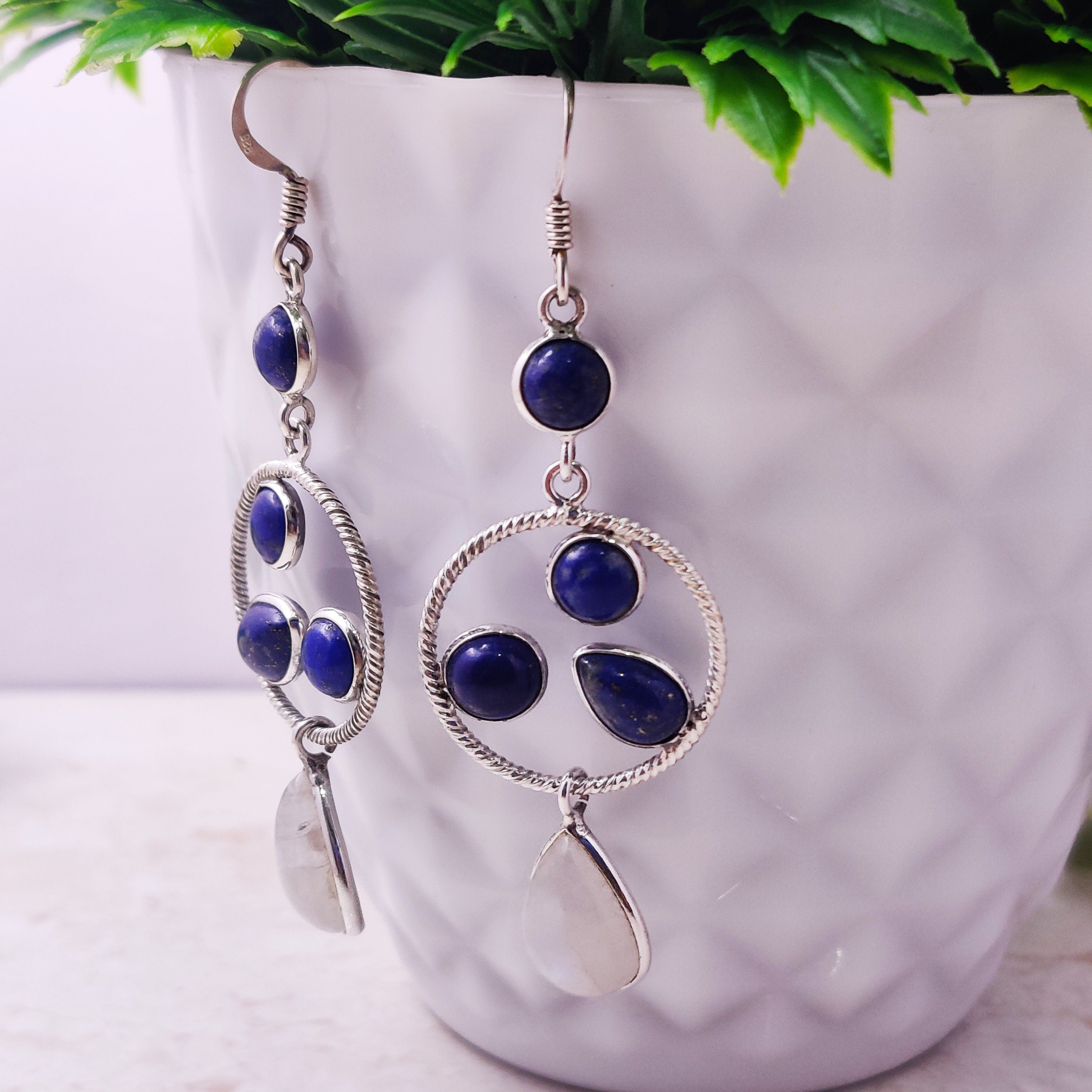 Natural Lapis Lazuli Moonstone  Sterling Silver Boho Oxidised Earrings, Moonstone Earrings, Lapis Lazuli Earrings, Healing Gemstones