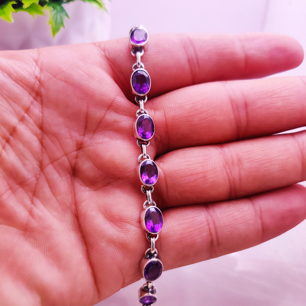 Sterling Silver Natural Amethyst Boho Bracelet