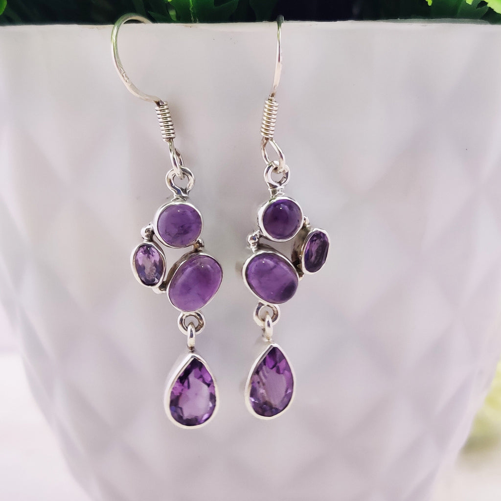 Sterling Silver Natural Amethyst Boho Teardrop Drop Earrings