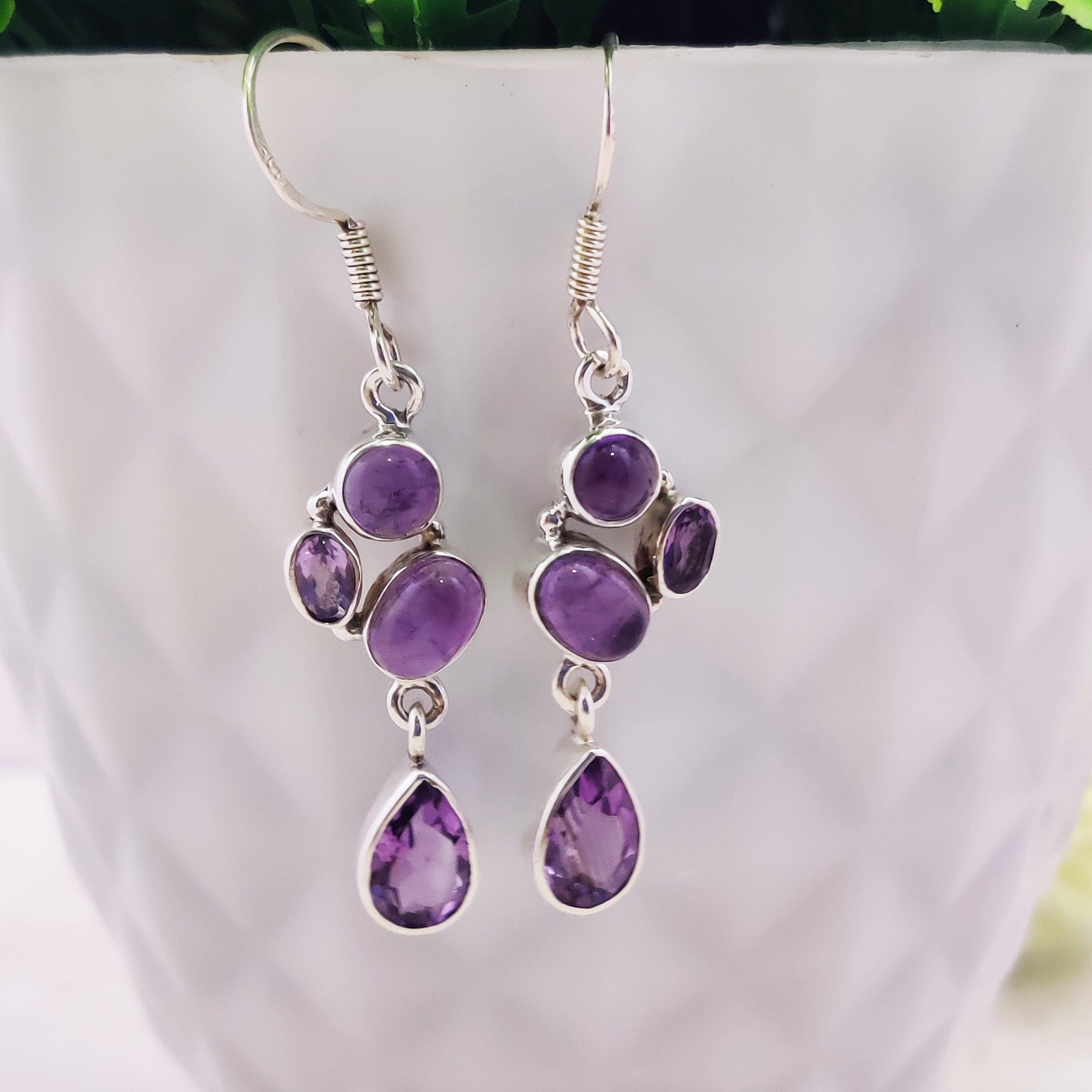 Sterling Silver Natural Amethyst Boho Teardrop Drop Earrings