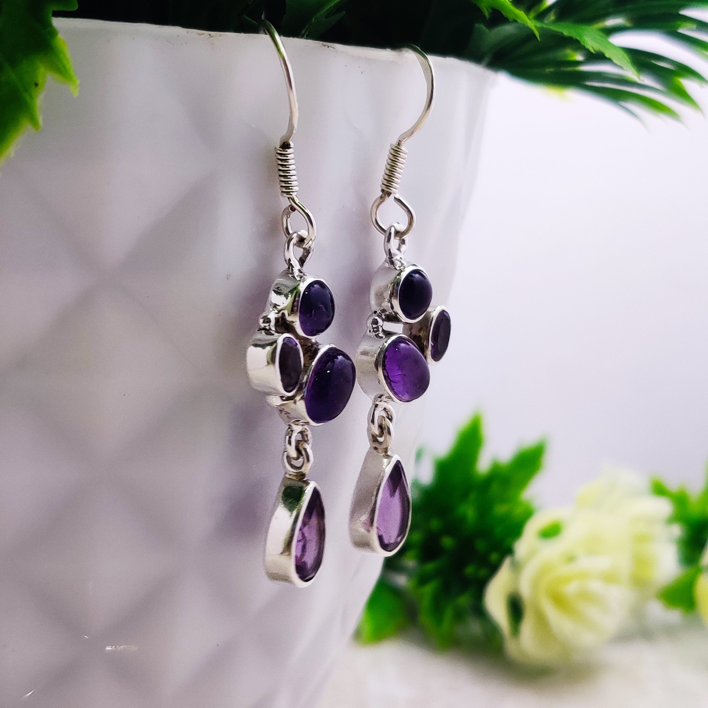 Sterling Silver Natural Amethyst Boho Teardrop Drop Earrings