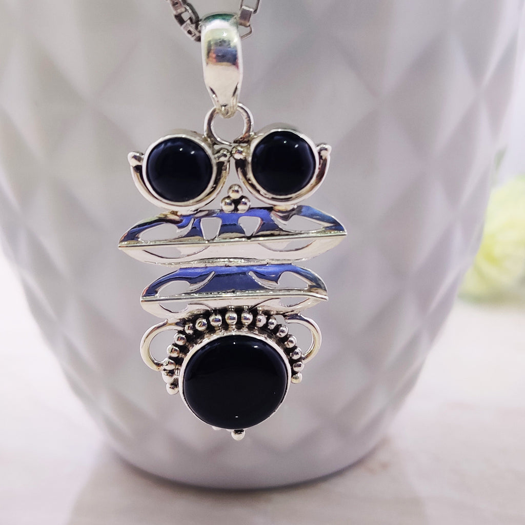 Sterling Silver Natural Black Onyx Boho  Pendant