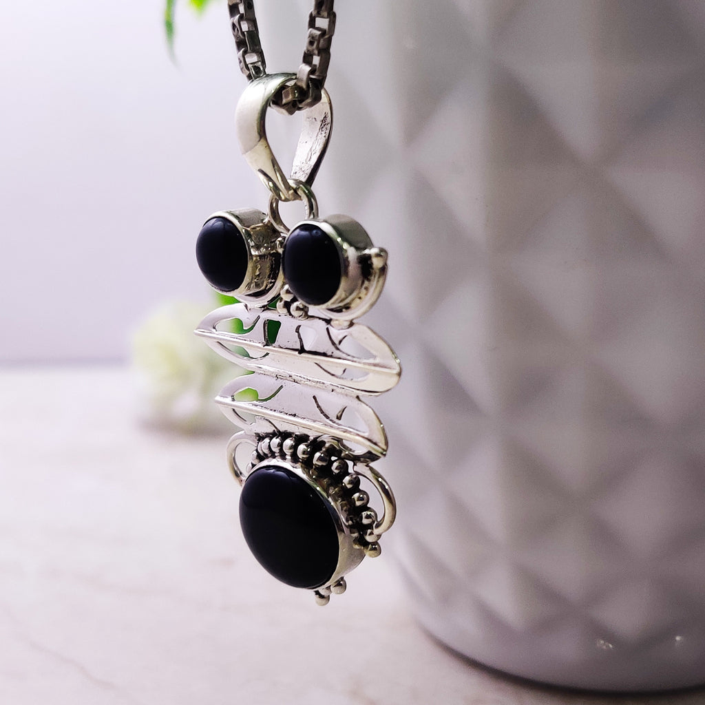 Sterling Silver Natural Black Onyx Boho  Pendant