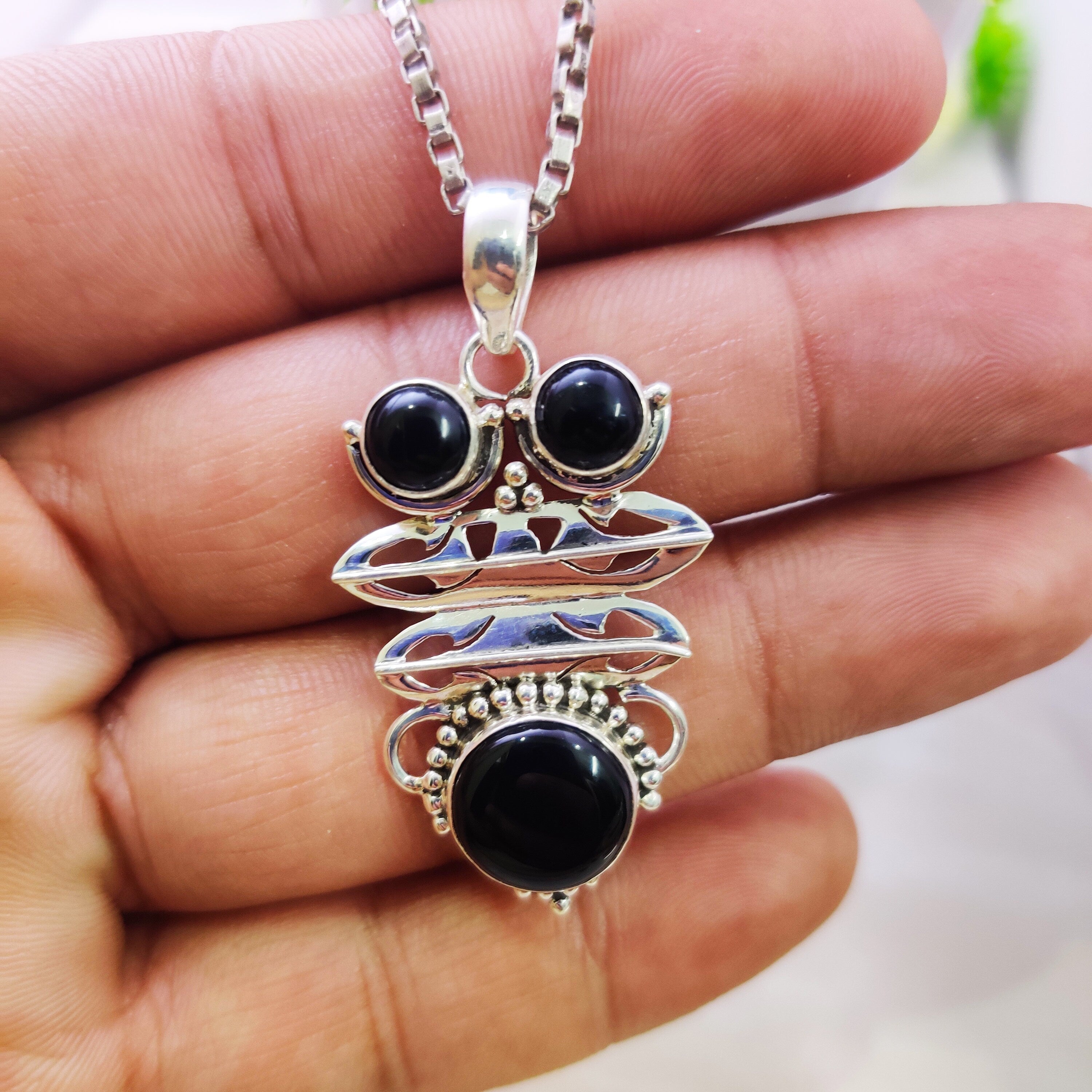 Sterling Silver Natural Black Onyx Boho  Pendant