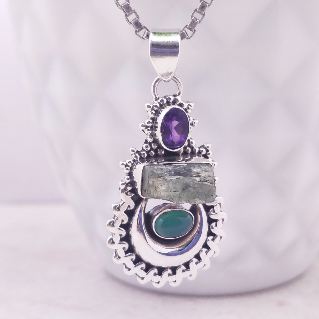 Sterling Silver Natural Amethyst Onyx Raw stone  Boho  Pendant
