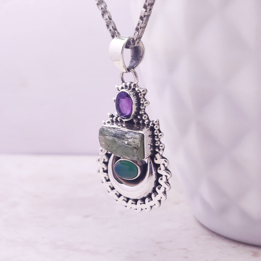 Sterling Silver Natural Amethyst Onyx Raw stone  Boho  Pendant