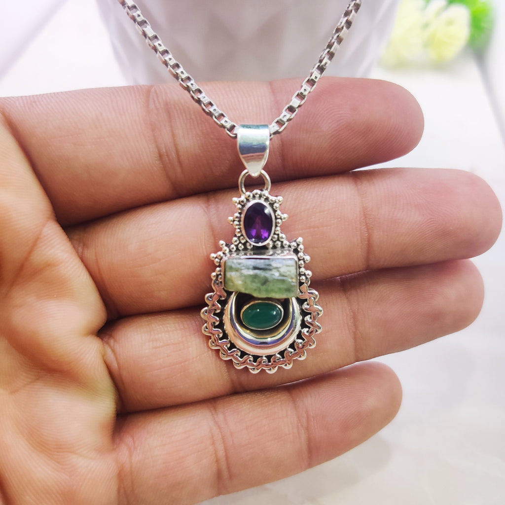 Sterling Silver Natural Amethyst Onyx Raw stone  Boho  Pendant