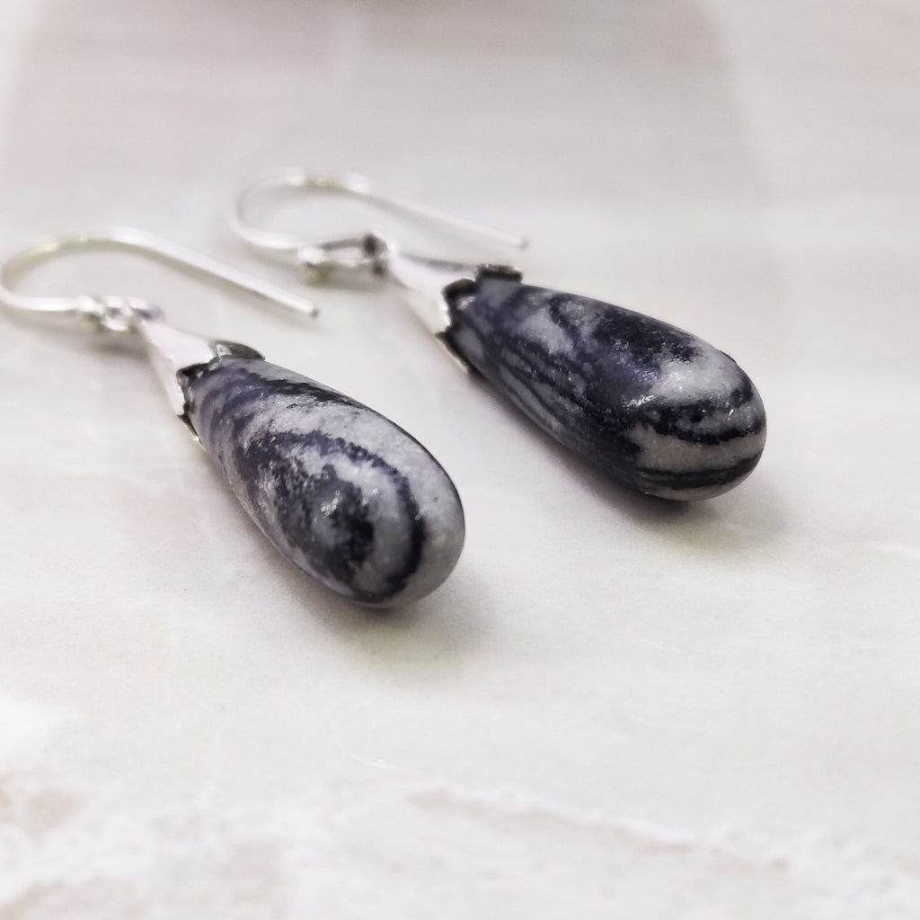 Natural Picasso Jasper Boho  Drop Earrings, Sterling Silver Black and White Stone Drop Earrings Wire Post Earrings Picasso Jasper Jewelry