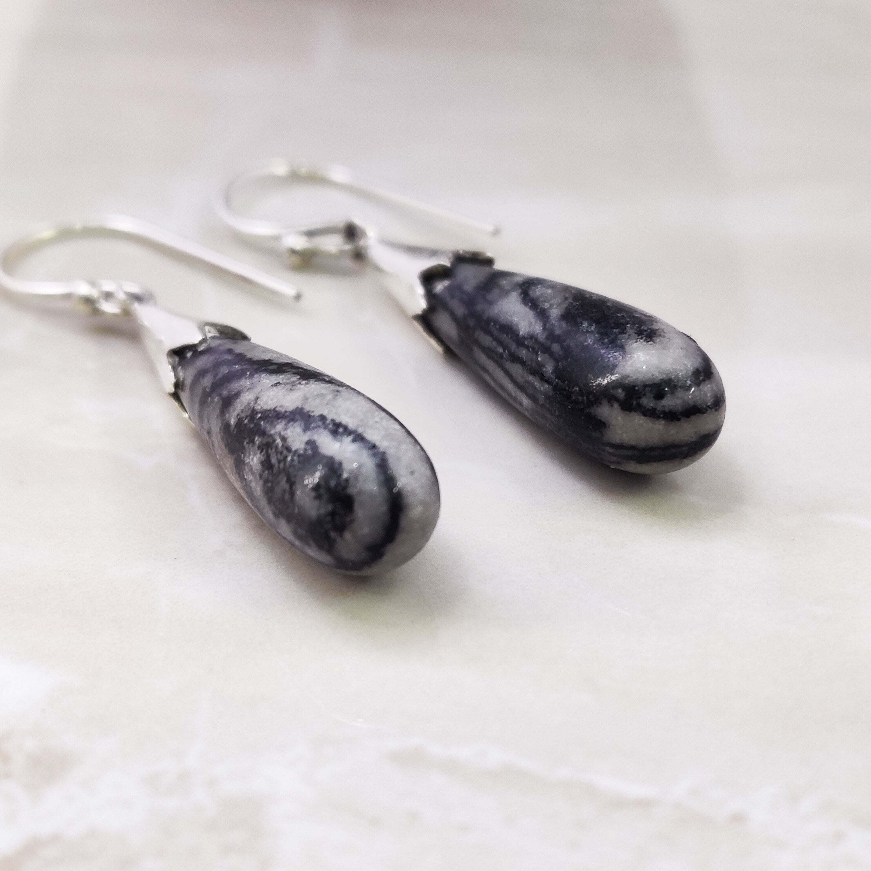 Natural Picasso Jasper Boho  Drop Earrings, Sterling Silver Black and White Stone Drop Earrings Wire Post Earrings Picasso Jasper Jewelry