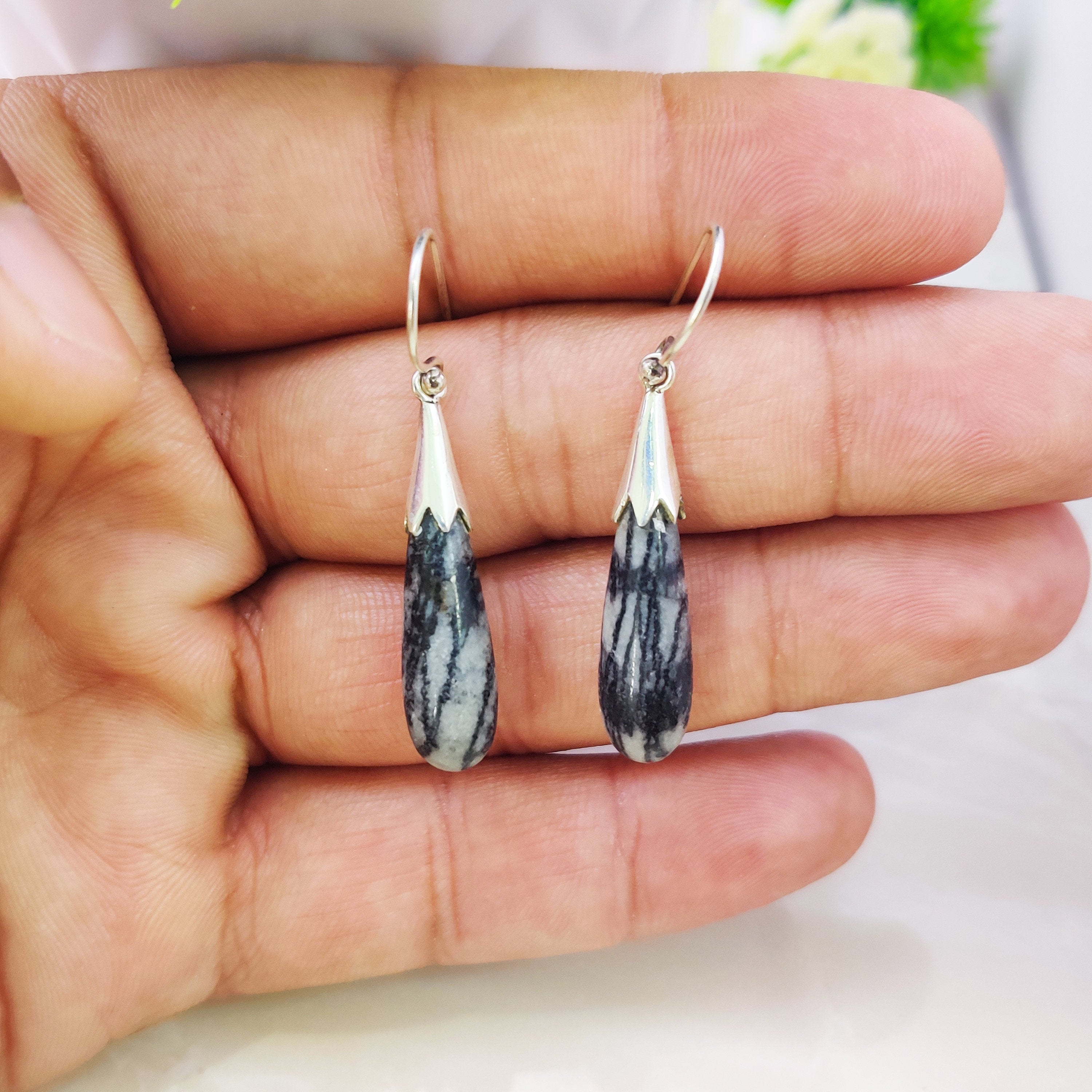 Natural Picasso Jasper Boho  Drop Earrings, Sterling Silver Black and White Stone Drop Earrings Wire Post Earrings Picasso Jasper Jewelry