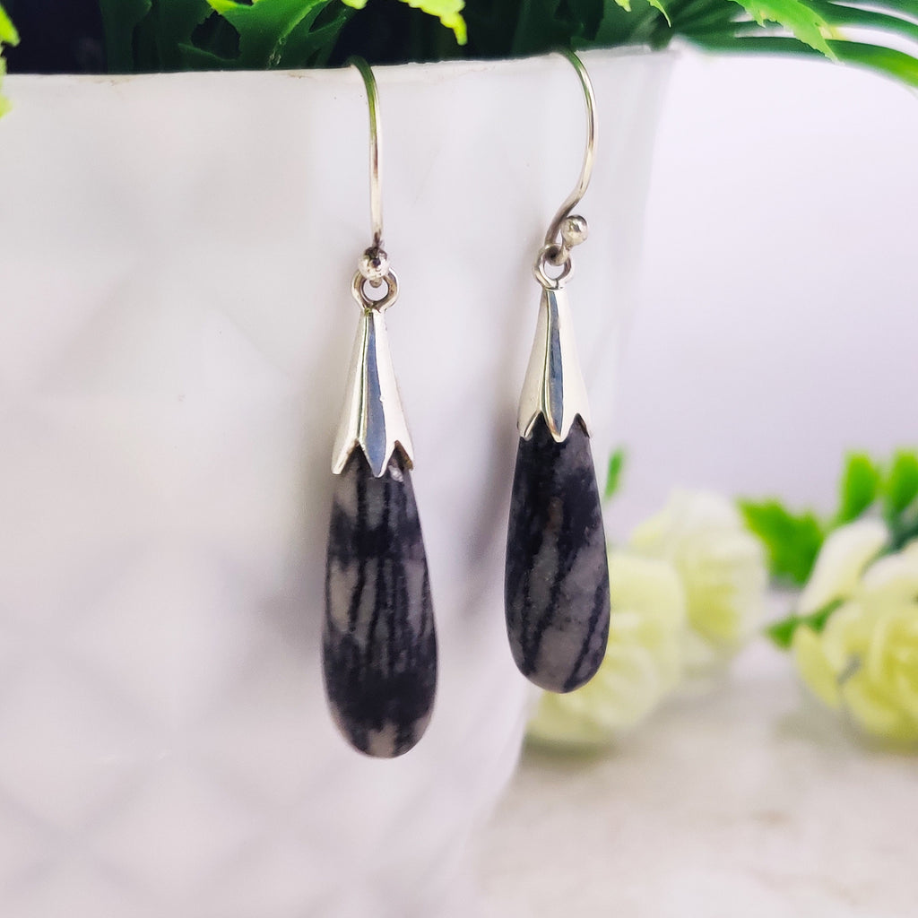 Natural Picasso Jasper Boho  Drop Earrings, Sterling Silver Black and White Stone Drop Earrings Wire Post Earrings Picasso Jasper Jewelry