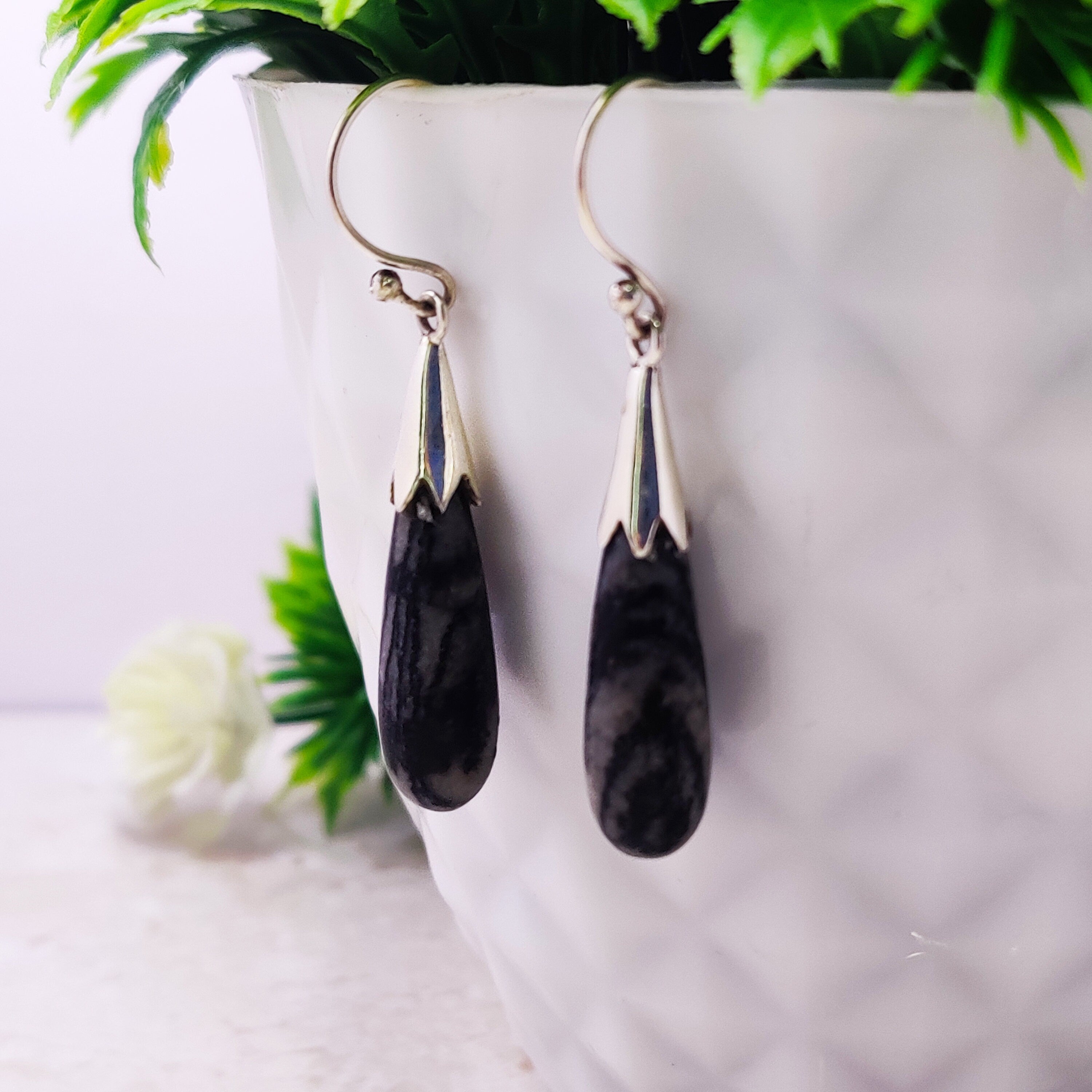 Natural Picasso Jasper Boho  Drop Earrings, Sterling Silver Black and White Stone Drop Earrings Wire Post Earrings Picasso Jasper Jewelry