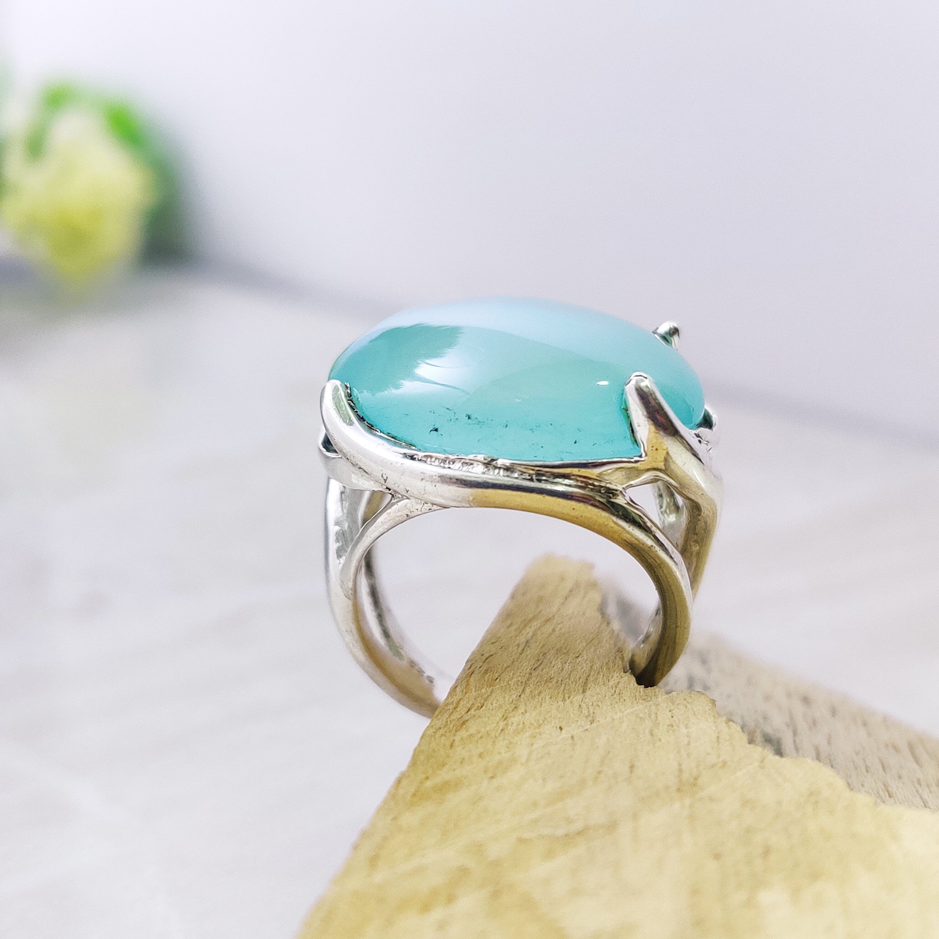 Sterling Silver Natural Aqua Chalcedony  Boho Ring