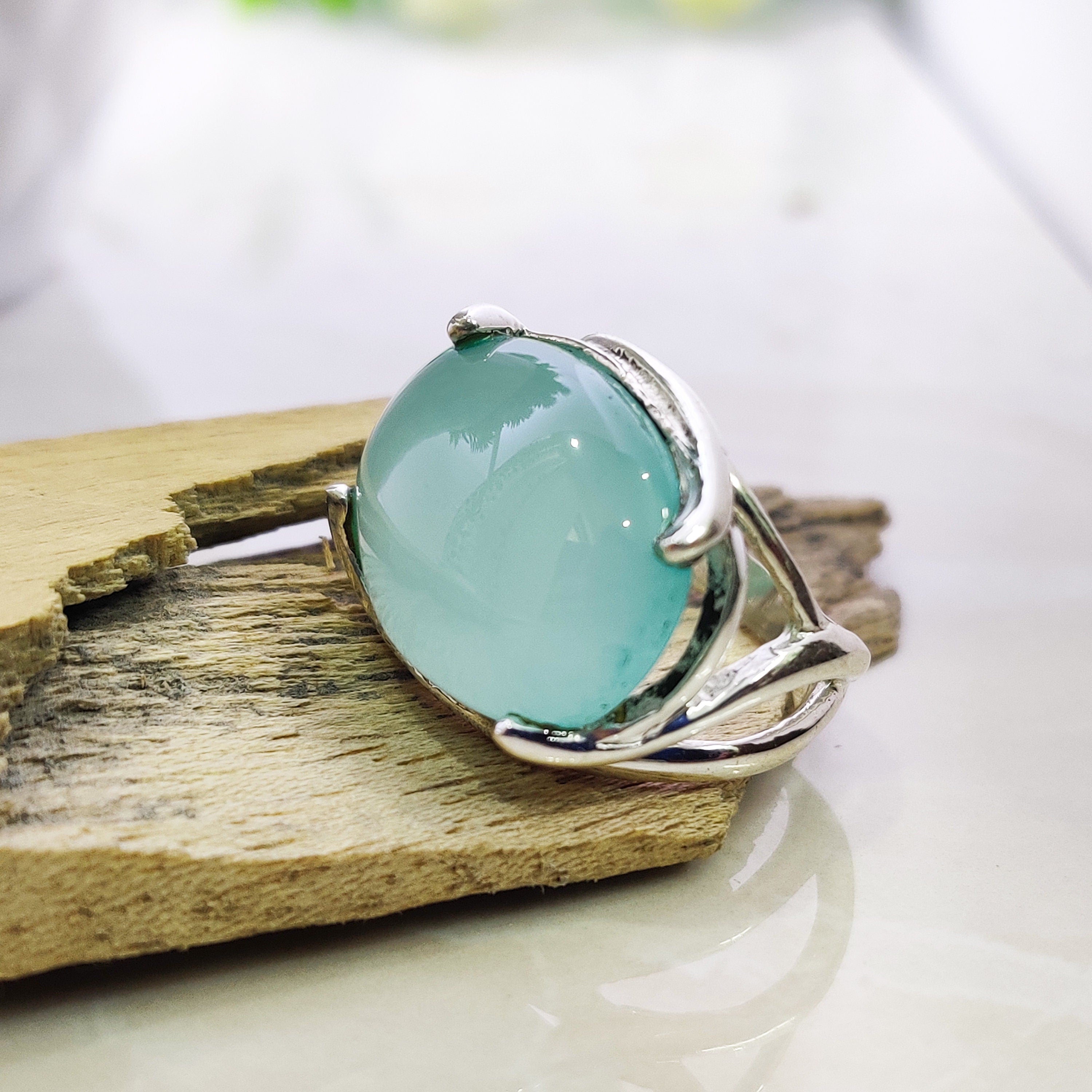 Sterling Silver Natural Aqua Chalcedony  Boho Ring