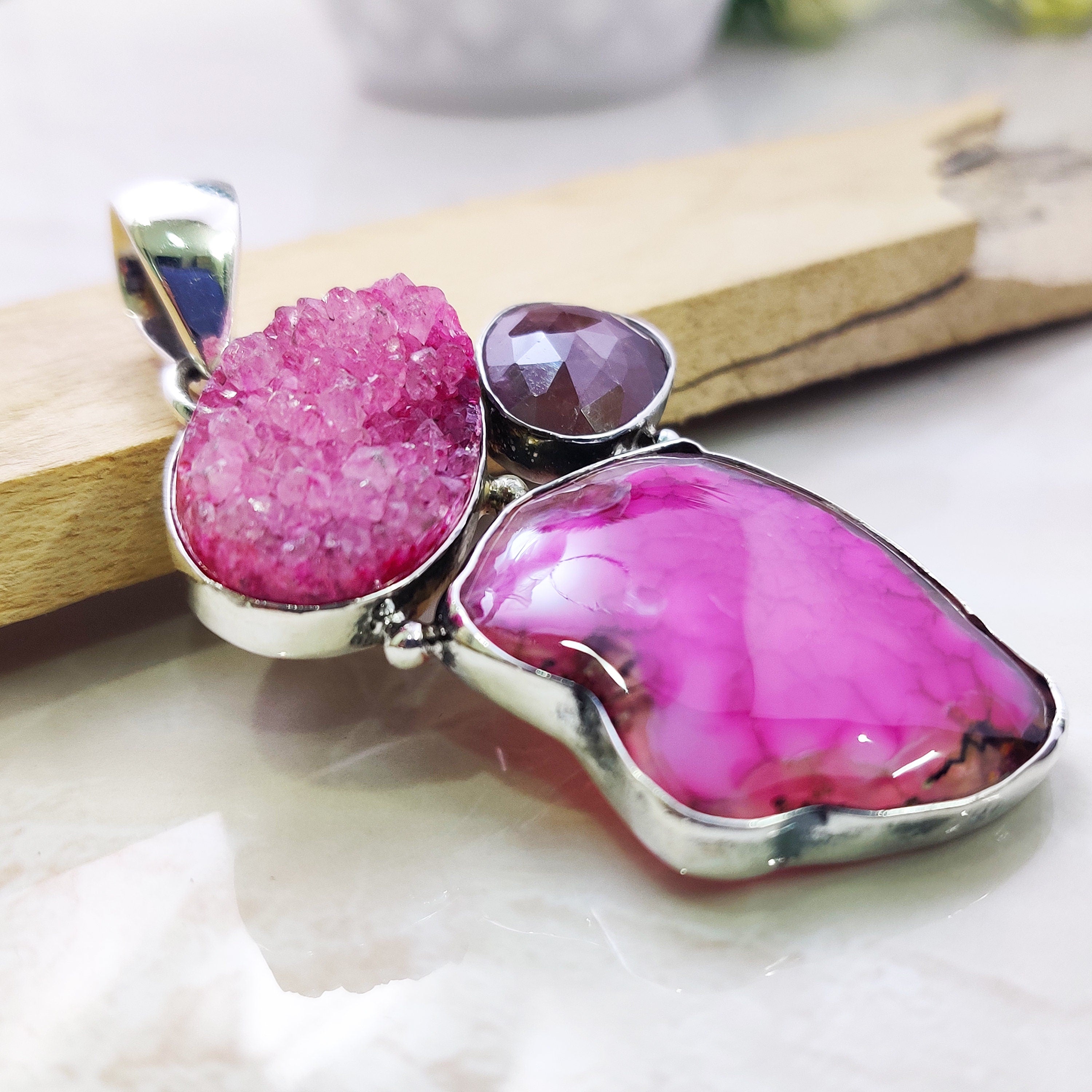 Sterling Silver Natural Agate Drugy Ruby Raw stone Polished Boho Large Pendant