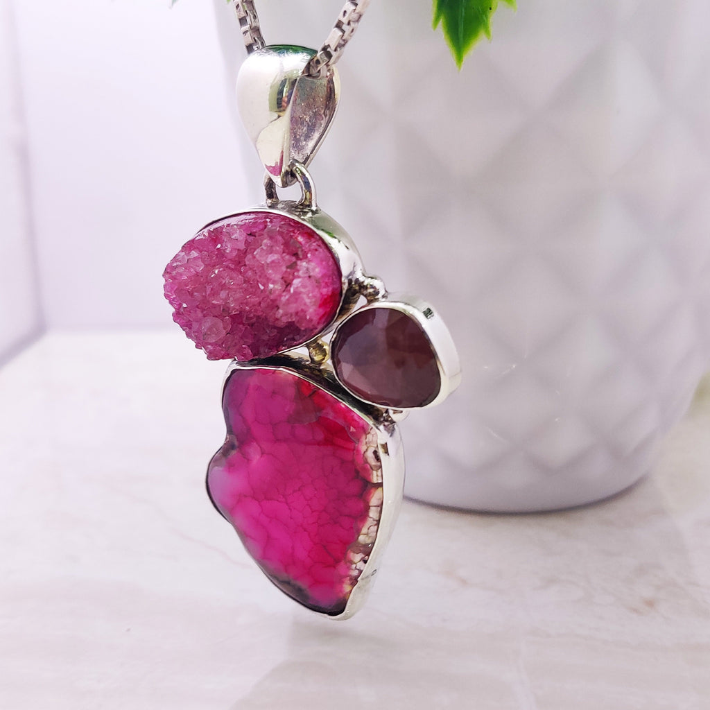 Sterling Silver Natural Agate Drugy Ruby Raw stone Polished Boho Large Pendant