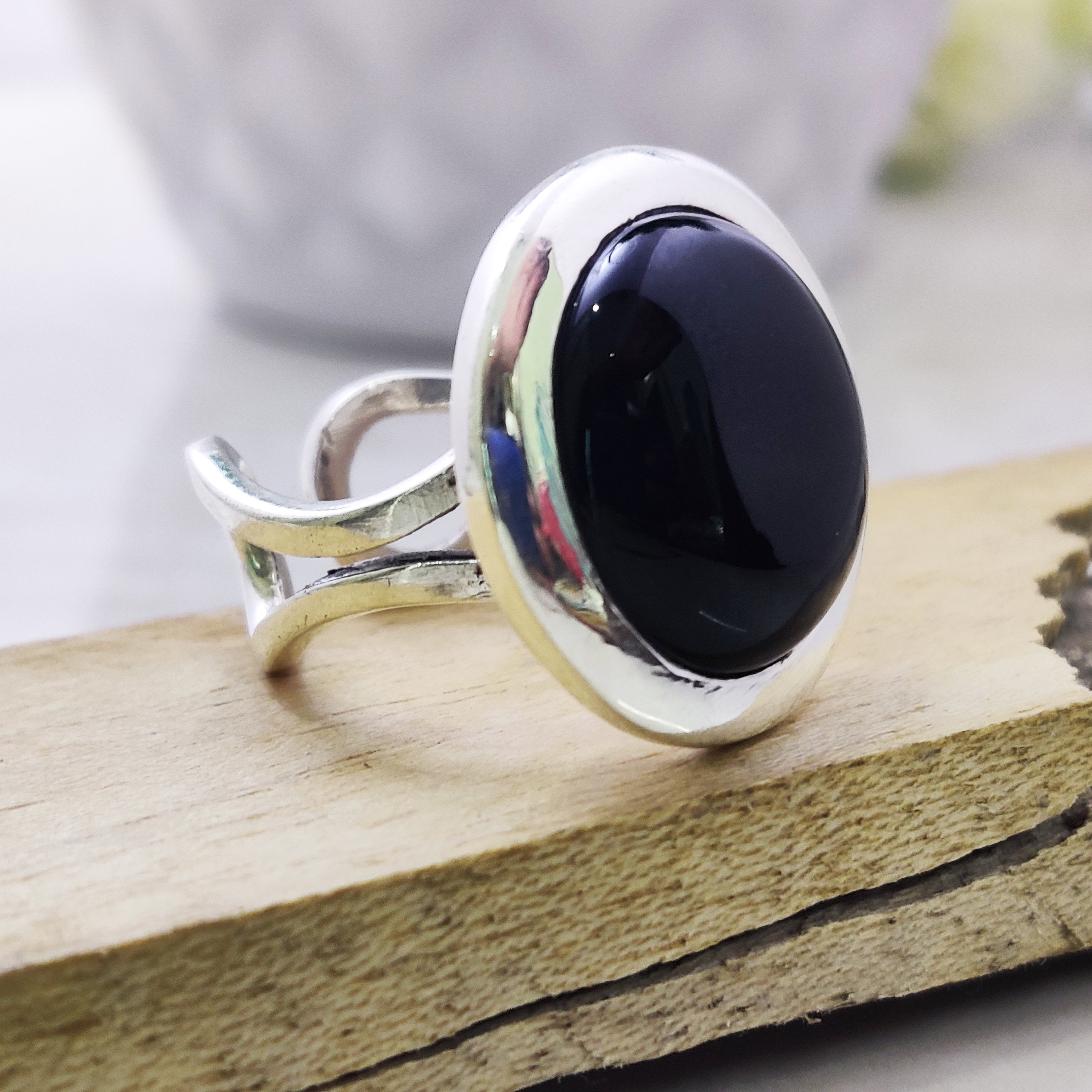 Sterling Silver Natural Black Onyx Adjustable Boho Ring