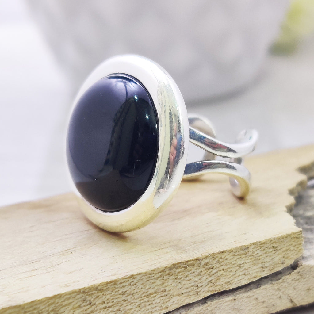 Sterling Silver Natural Black Onyx Adjustable Boho Ring