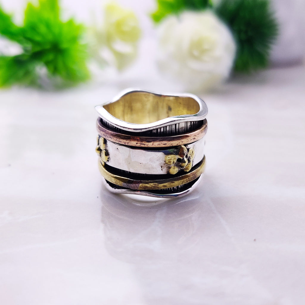Spinner Ring 925 Sterling Solid Silver Ring With Brass Copper Tone Spinner Silver Band Ring Two Tone Ring Flower Designer Ring Ring Size 5