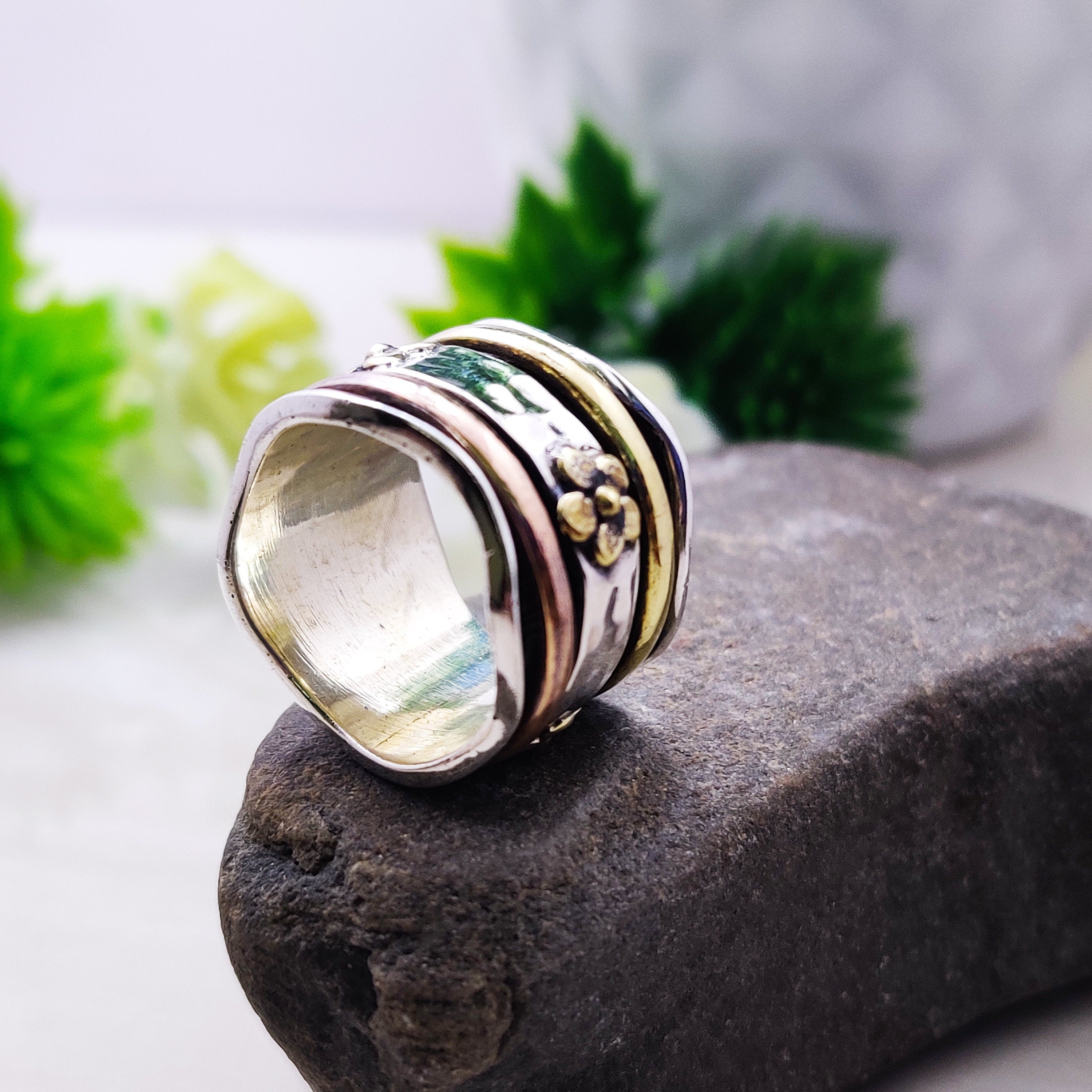 Spinner Ring 925 Sterling Solid Silver Ring With Brass Copper Tone Spinner Silver Band Ring Two Tone Ring Flower Designer Ring Ring Size 5