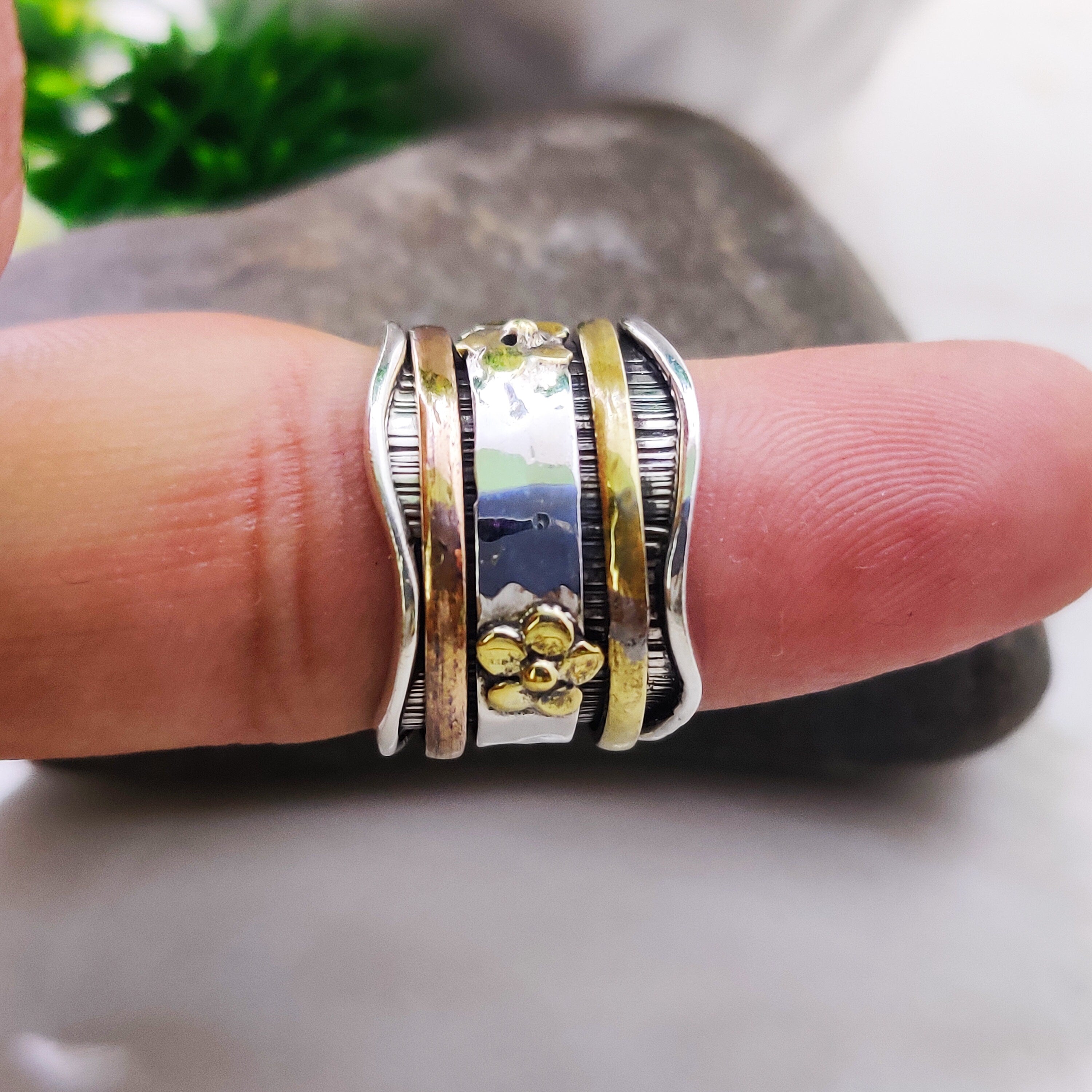 Spinner Ring 925 Sterling Solid Silver Ring With Brass Copper Tone Spinner Silver Band Ring Two Tone Ring Flower Designer Ring Ring Size 5