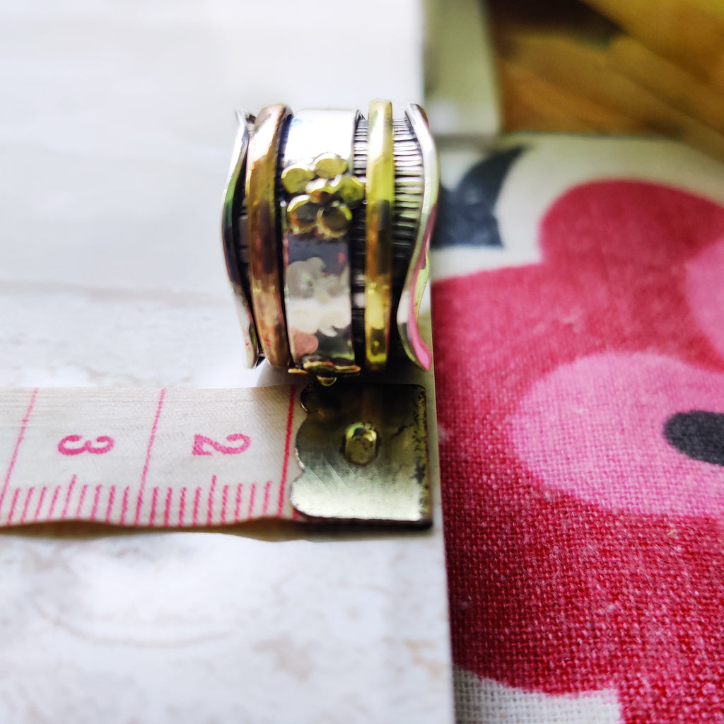 Spinner Ring 925 Sterling Solid Silver Ring With Brass Copper Tone Spinner Silver Band Ring Two Tone Ring Flower Designer Ring Ring Size 5