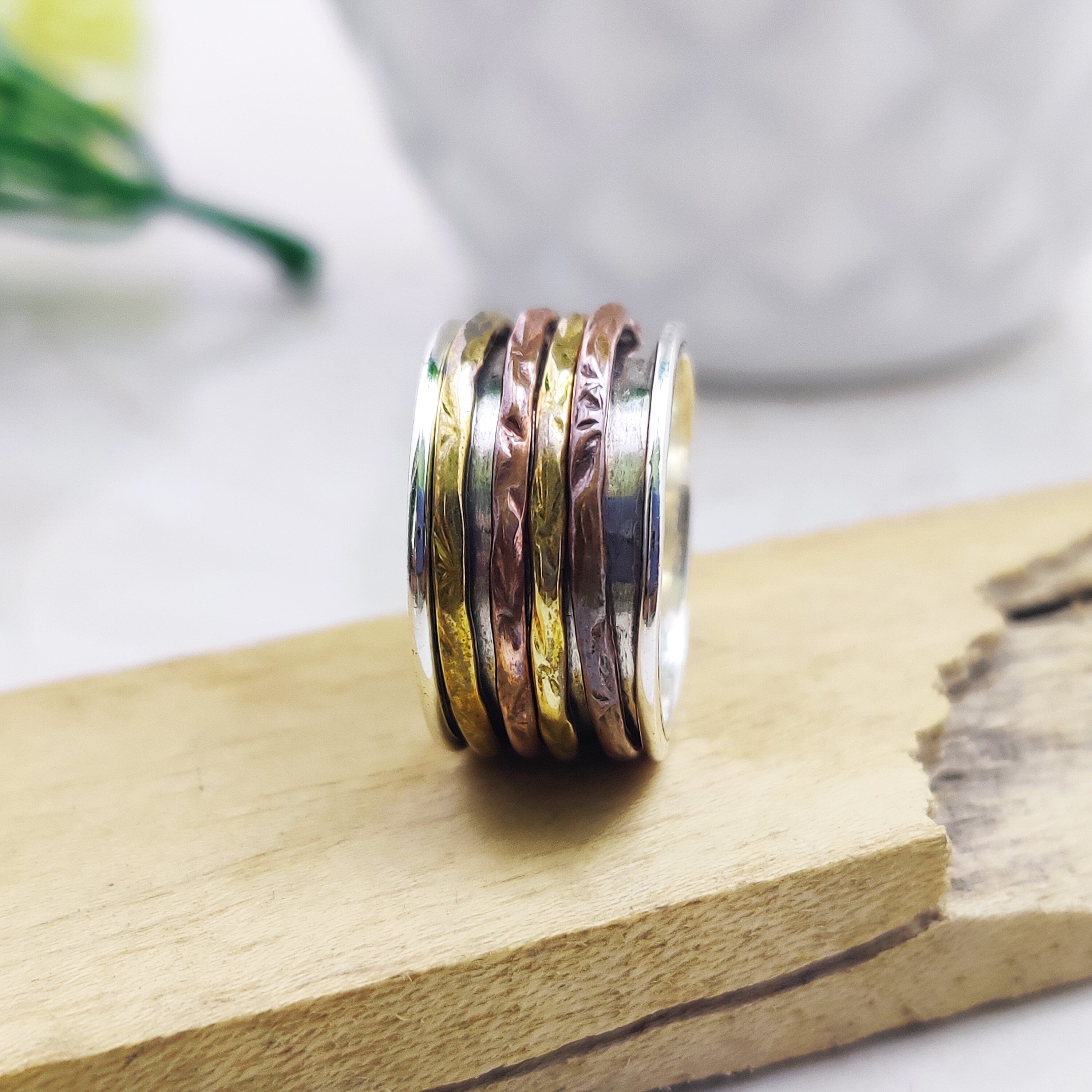 Spinner Ring 925 Sterling Solid Silver Ring Four Spin Rings Brass Copper Tone Spinner Silver Band Ring Two Tone Ring Size 4 1/2