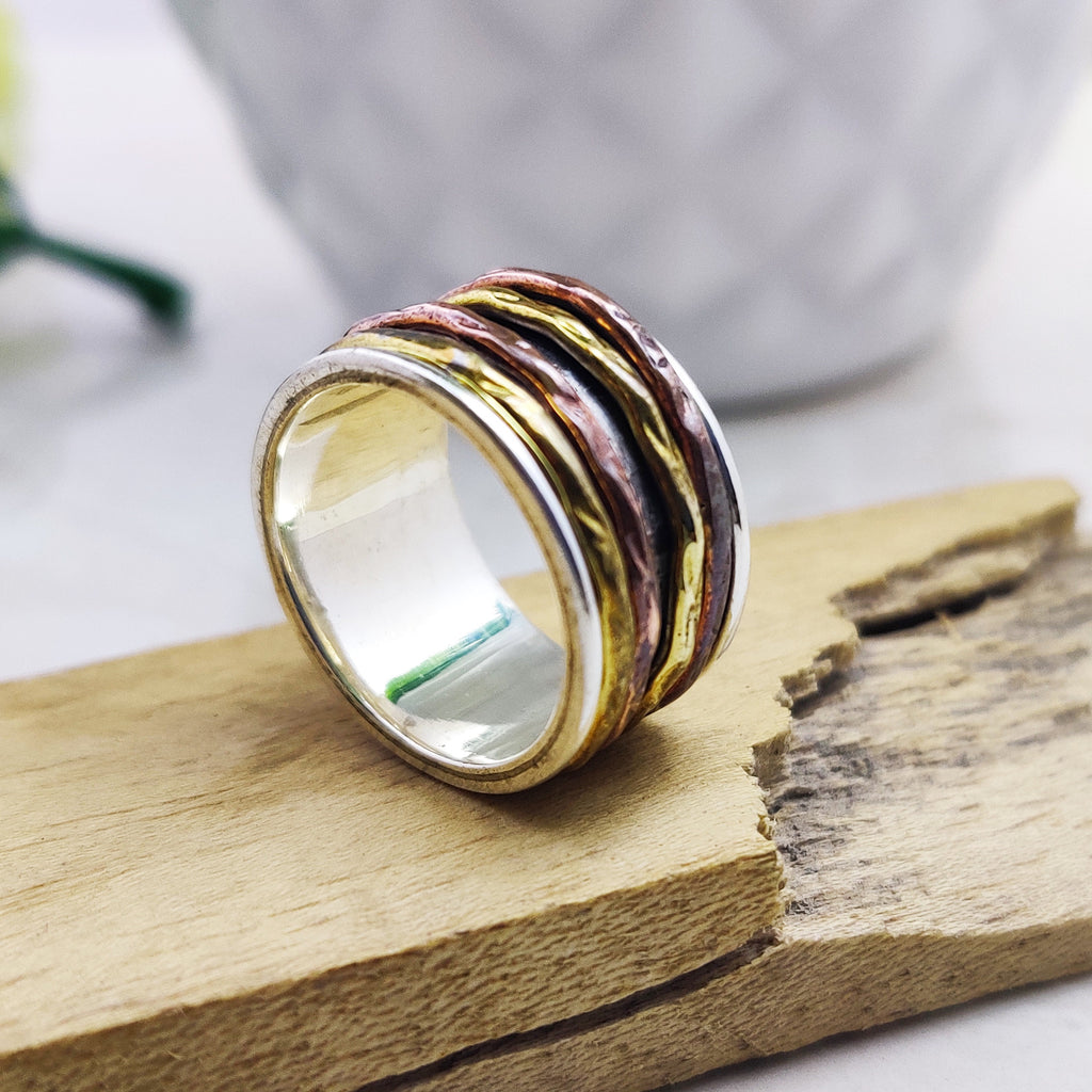 Spinner Ring 925 Sterling Solid Silver Ring Four Spin Rings Brass Copper Tone Spinner Silver Band Ring Two Tone Ring Size 4 1/2