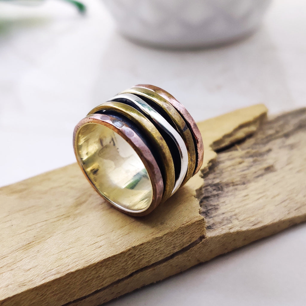 Spinner Ring 925 Sterling Solid Silver Ring Brass Copper Tone Spinner Silver Band Ring Two Tone Ring Size 5