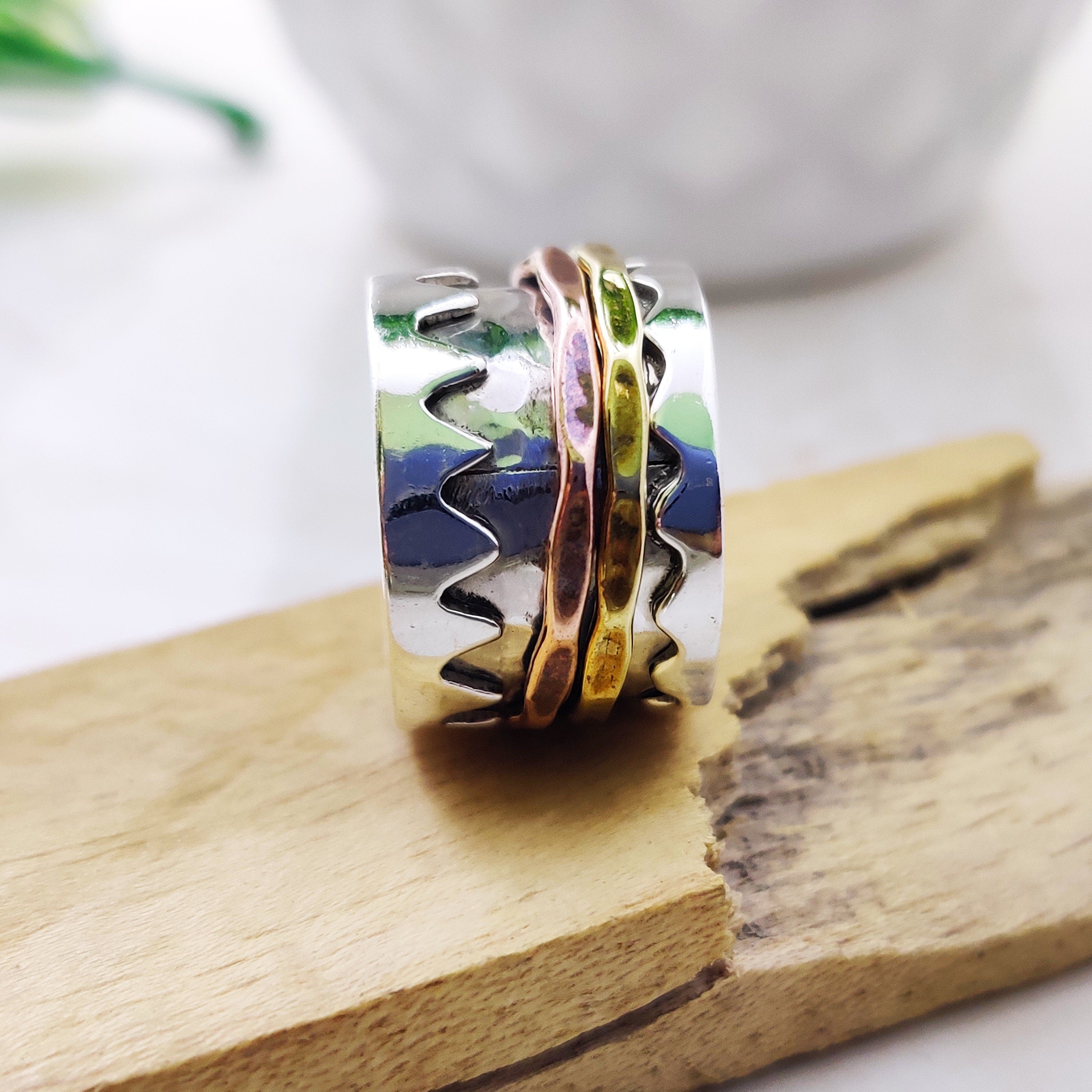 Spinner Ring 925 Sterling Solid Silver Ring Two Spin Rings Brass Copper Tone Spinner Silver Band Ring Two Tone Ring