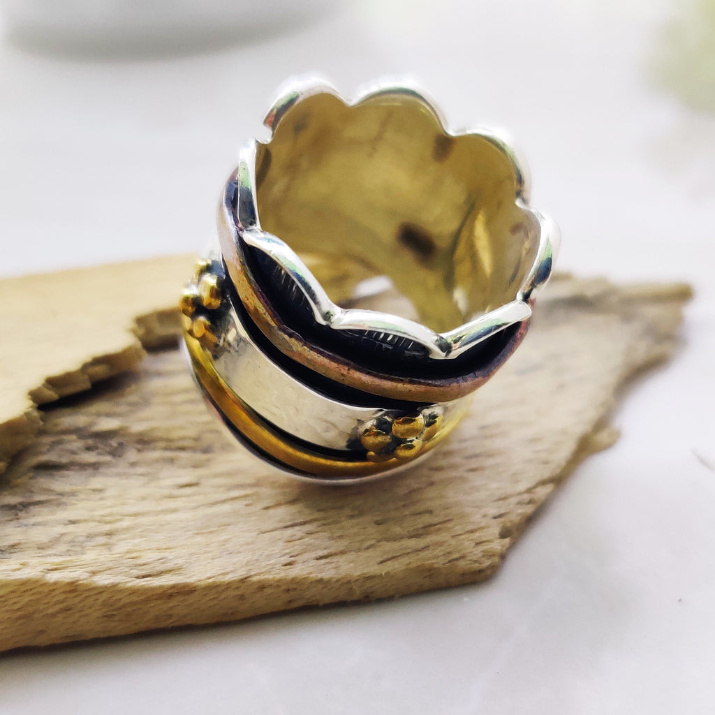Spinner Ring 925 Sterling Solid Silver Ring Flower Designer Brass Copper Tone Spinner Silver Band Ring Two Tone Ring