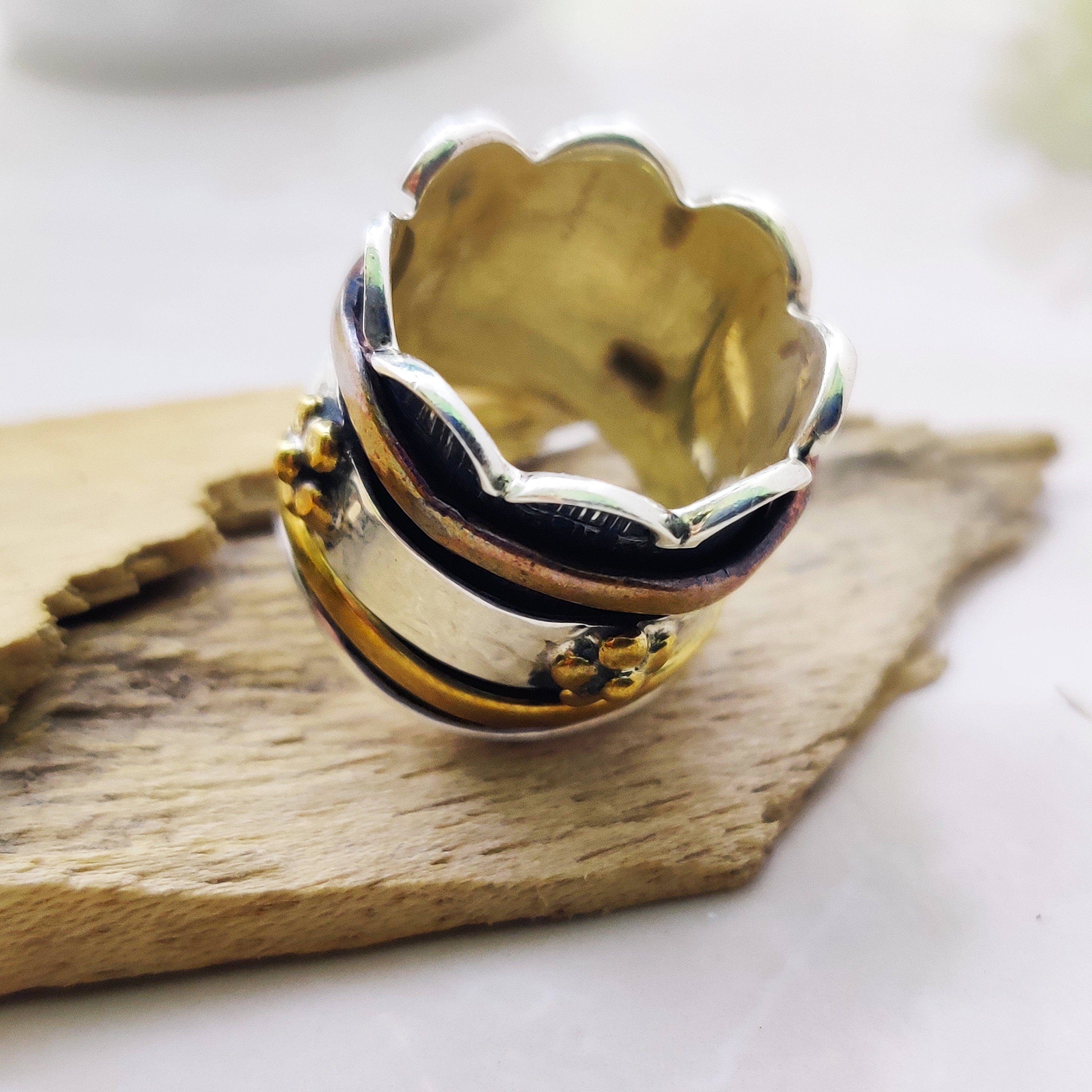Spinner Ring 925 Sterling Solid Silver Ring Flower Designer Brass Copper Tone Spinner Silver Band Ring Two Tone Ring