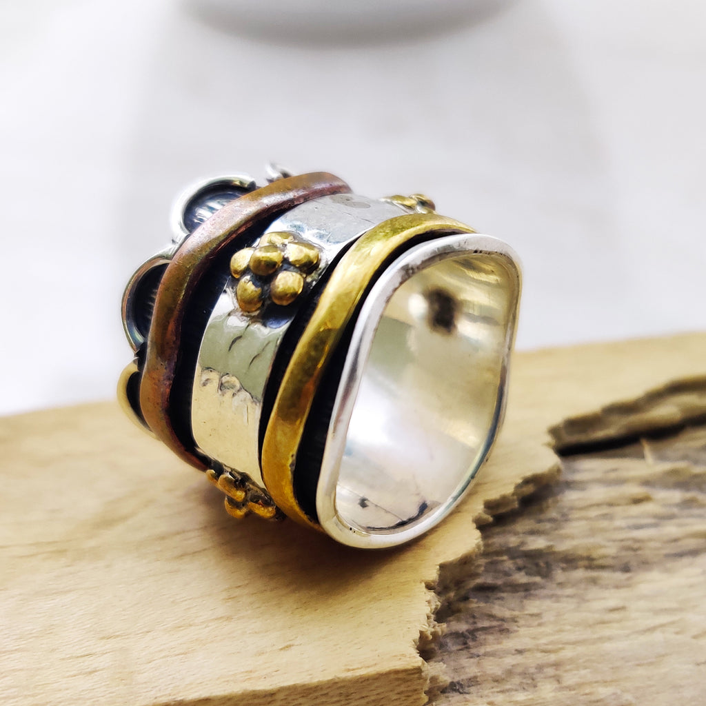 Spinner Ring 925 Sterling Solid Silver Ring Flower Designer Brass Copper Tone Spinner Silver Band Ring Two Tone Ring